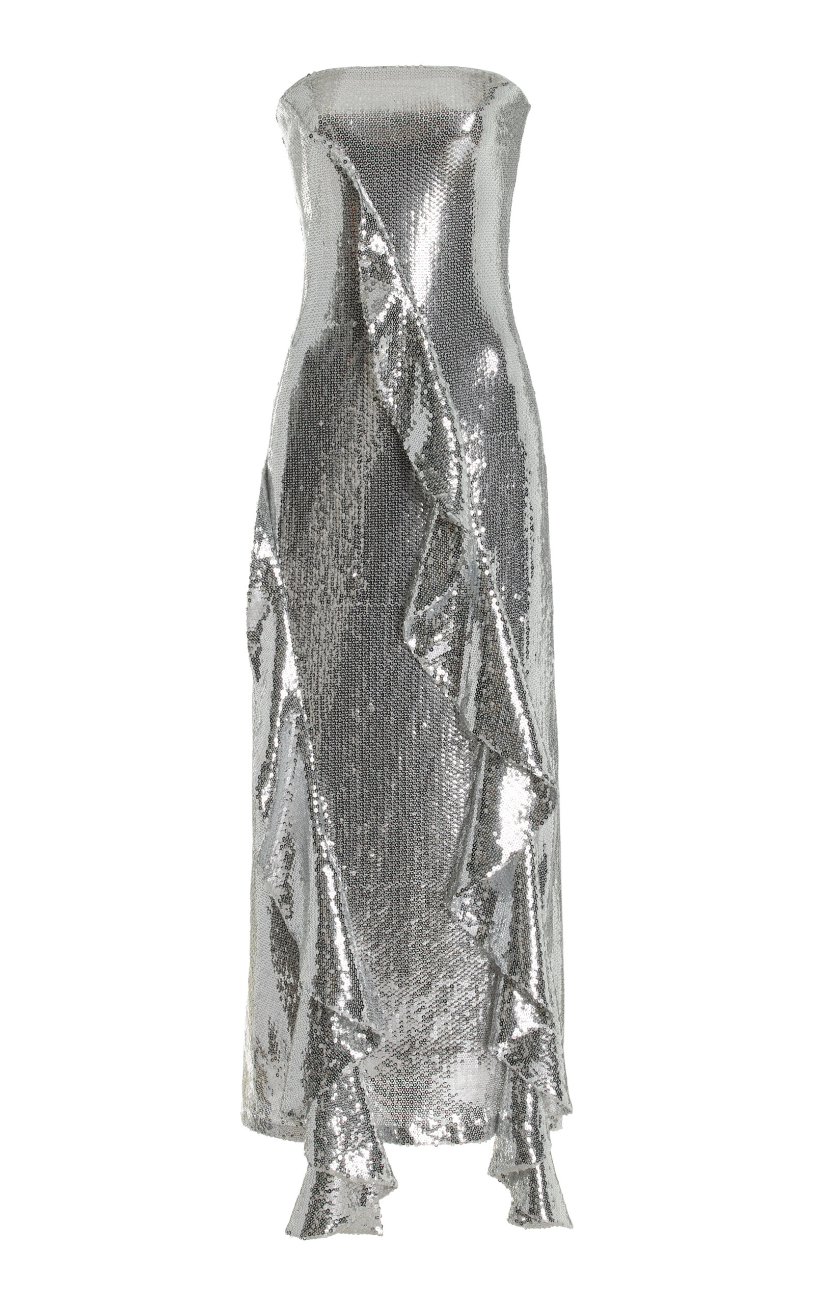 Shop Rotate Birger Christensen Ruffled Sequined Midi Dress In Silver