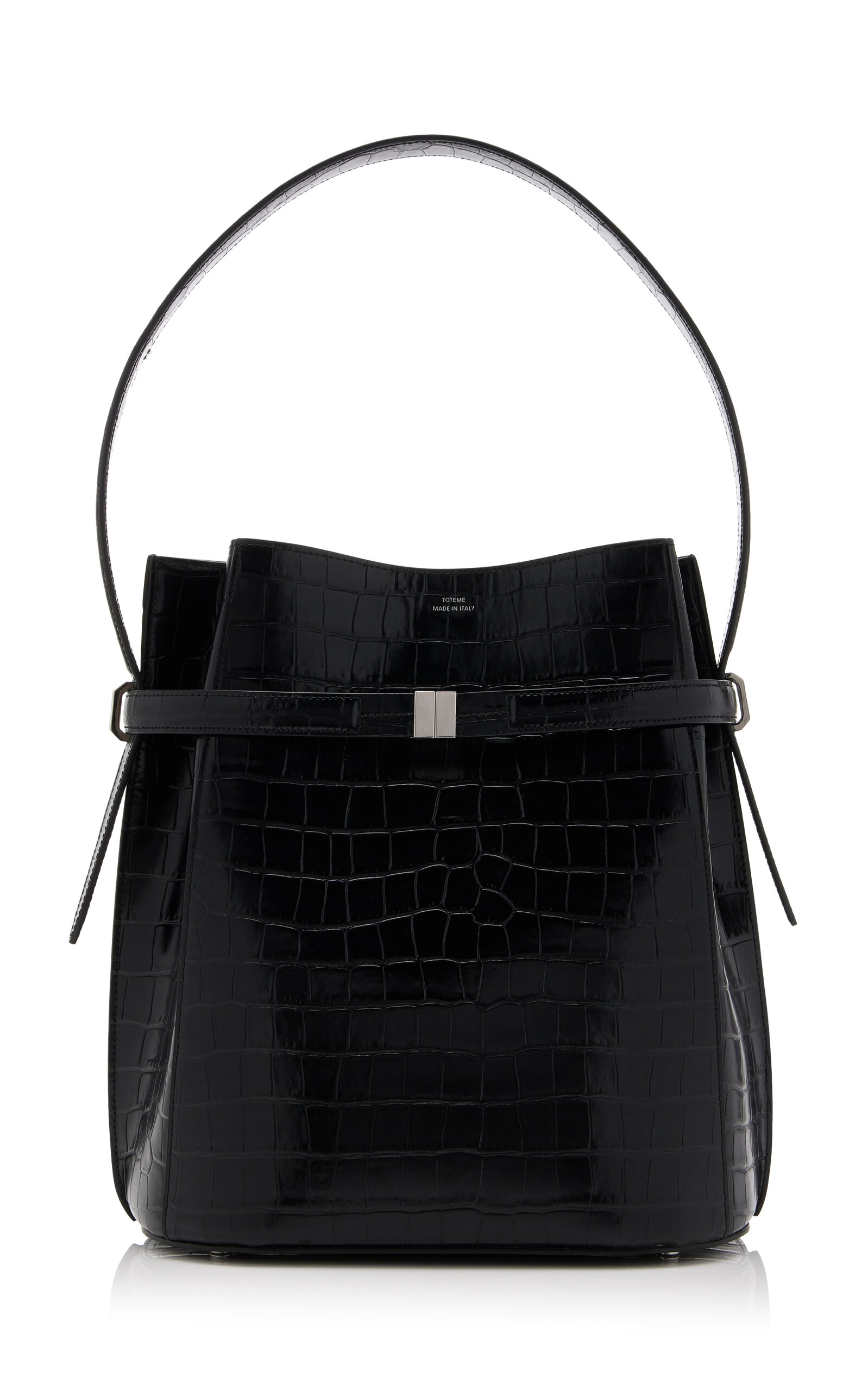 Belted Croc-Effect Leather Bucket Bag