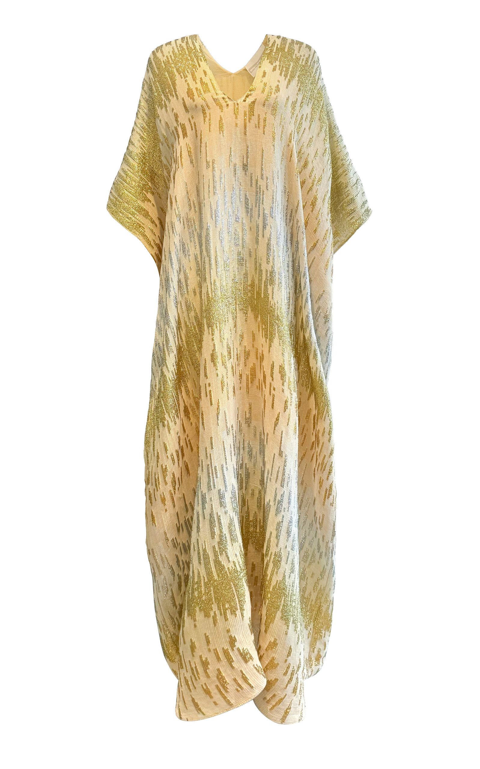 Shop Marie France Van Damme Metallic Broken Lines Metallic Silk-blend Caftan In Gold