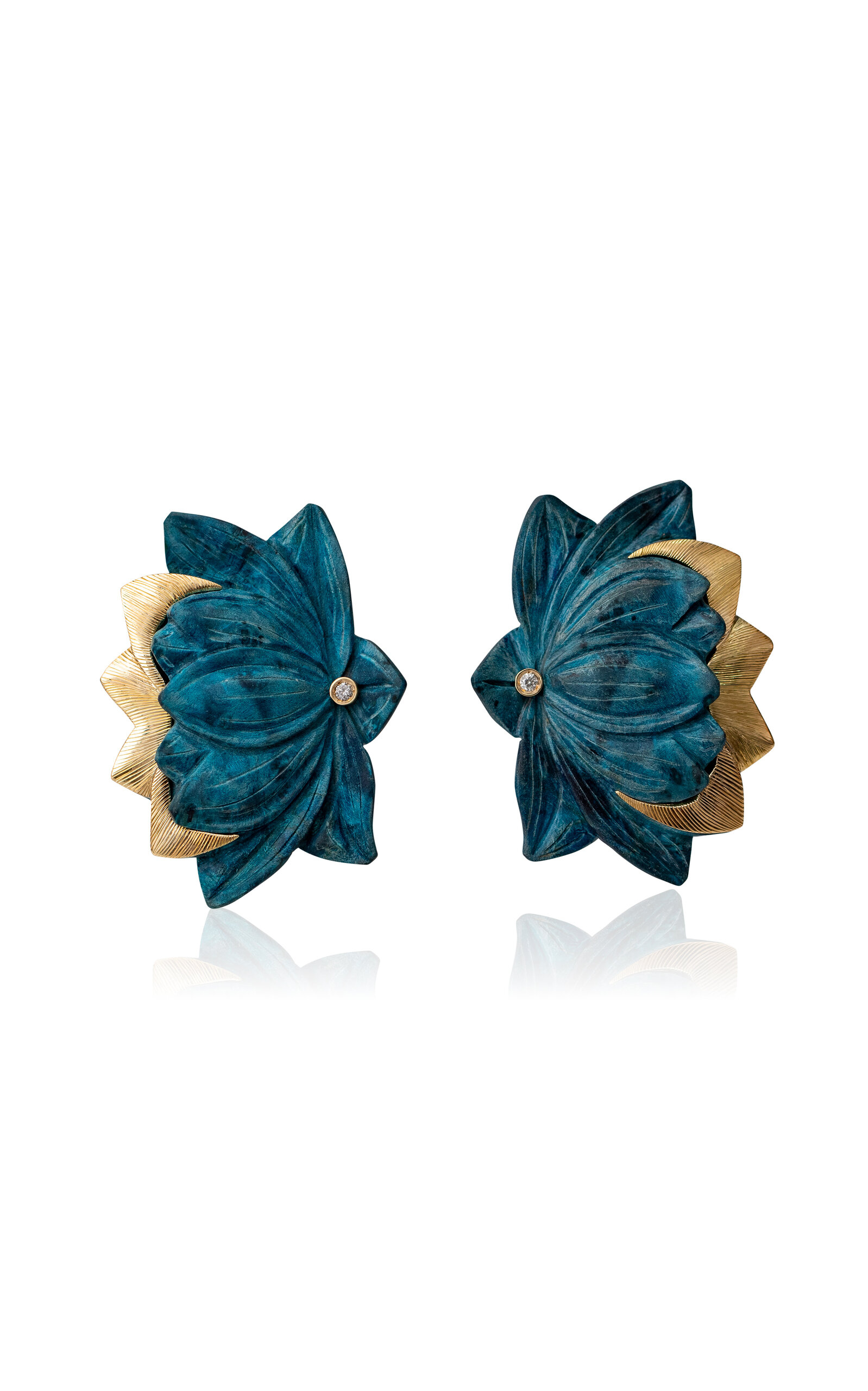 18k Yellow Gold Blue Lotus Flower Earrings