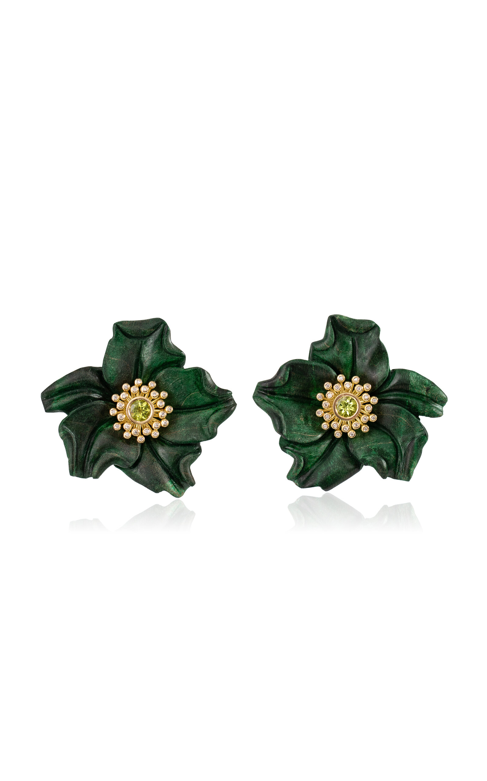 18k Yellow Gold Green Flower Earringss with Diamonds and Peridot