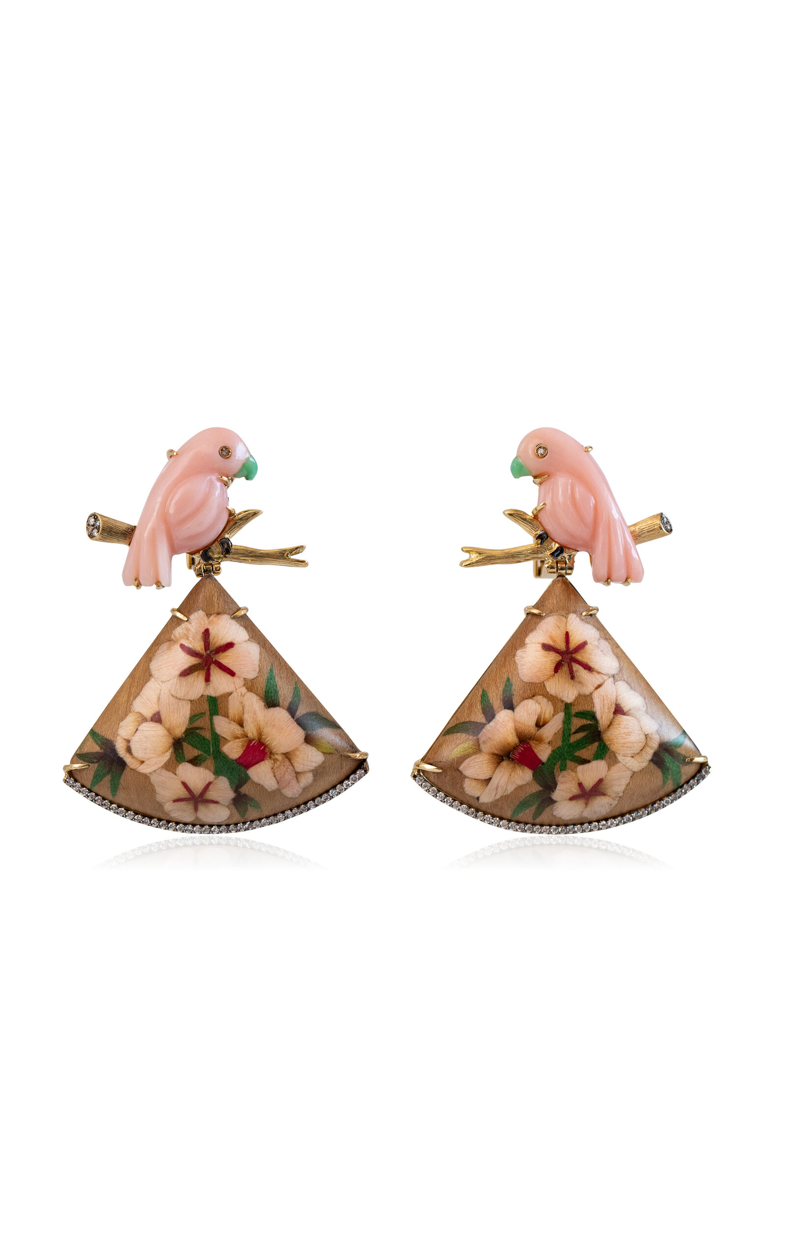 18k Yellow Gold Marquetry Earrings with Diamonds and Light Pink Stone