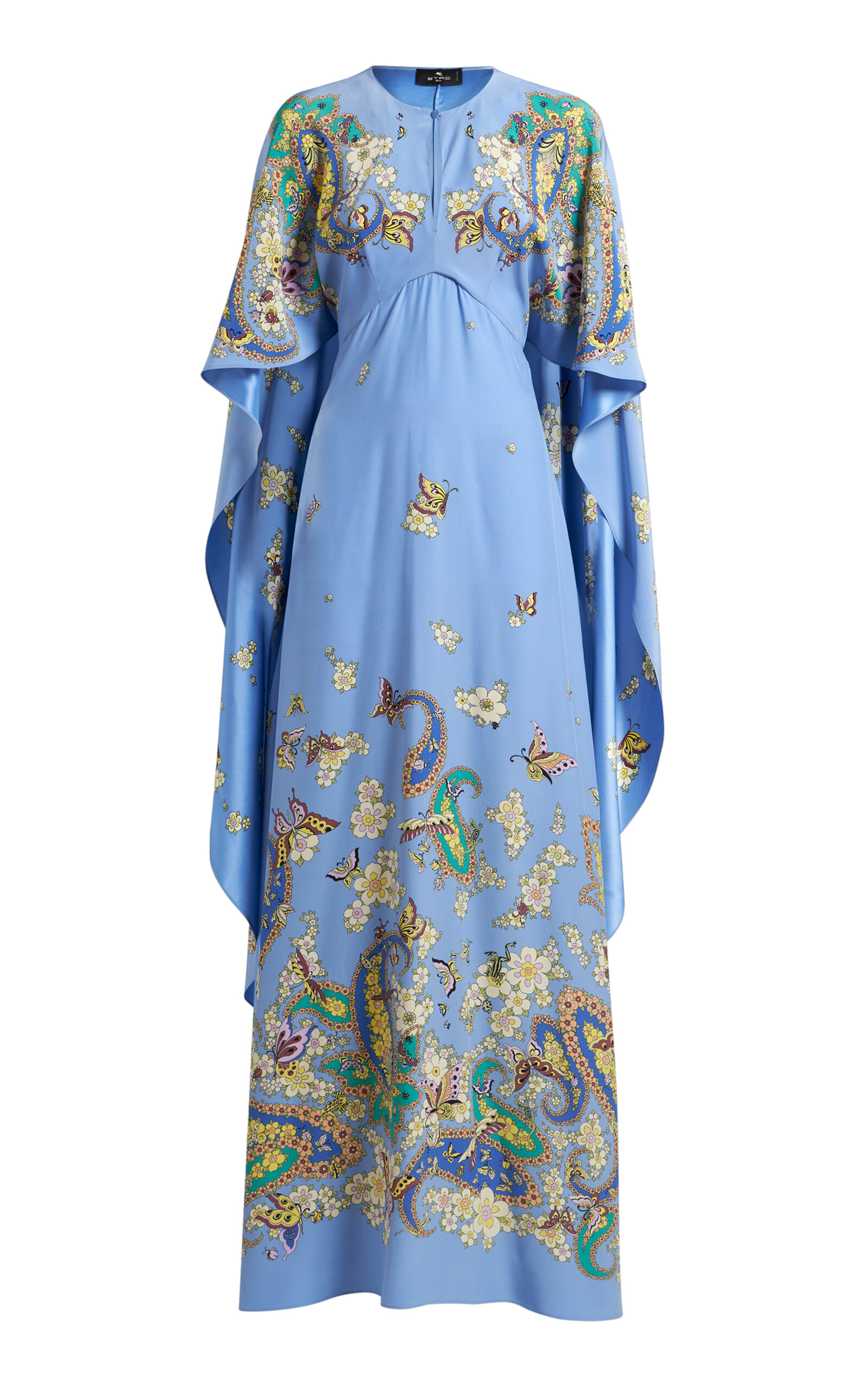 Shop Etro Cape-detailed Silk Maxi Dress In Blue