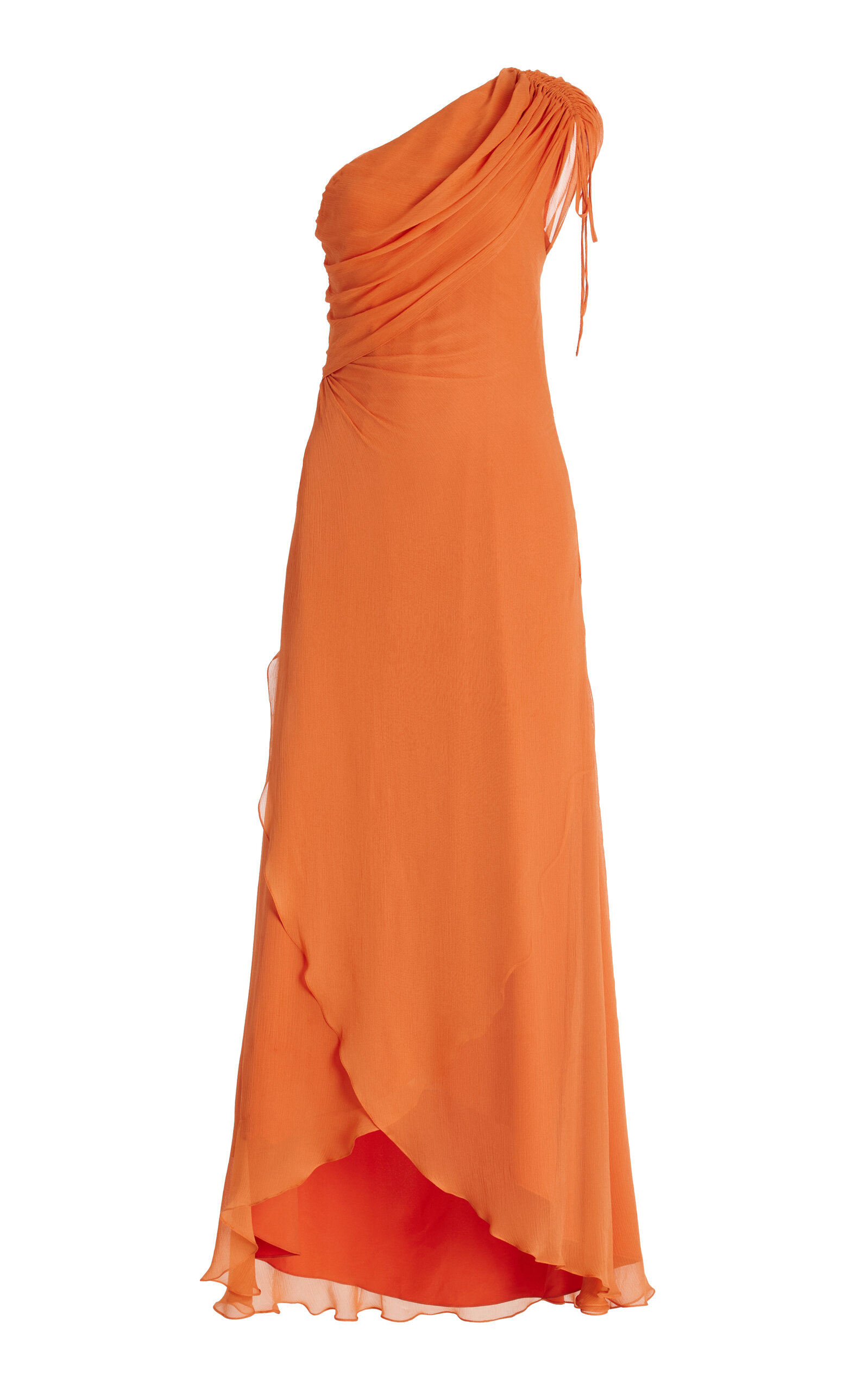 Shop Andres Otalora Copitas Asymmetric Silk Chiffon Maxi Dress In Orange