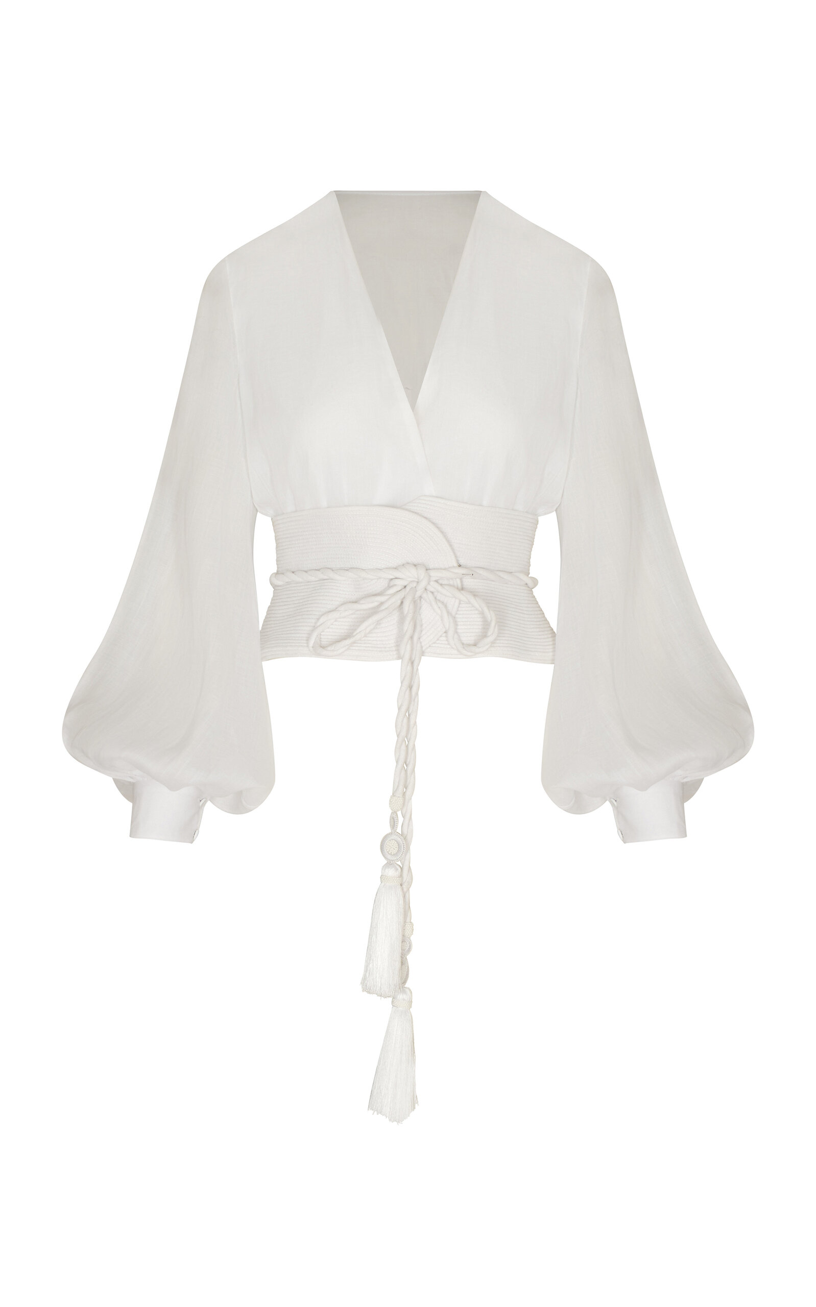 La Postale Belted Linen Balloon Sleeve Top