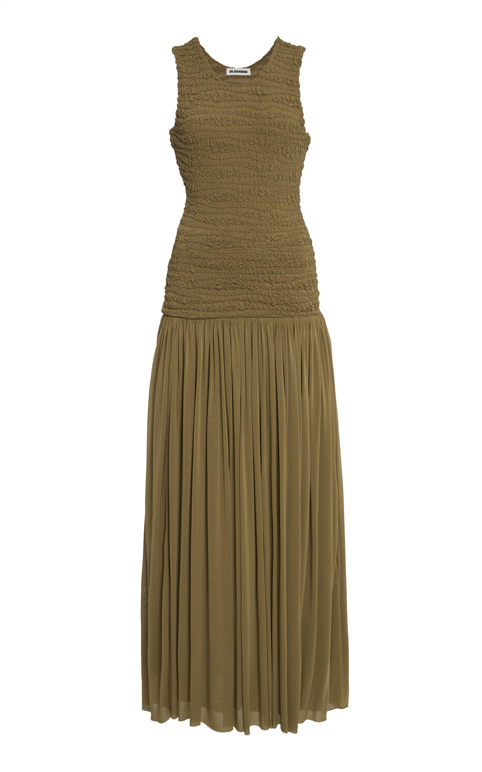 Shop Jil Sander Smocked Drop-waist Georgette Maxi Dress In Green