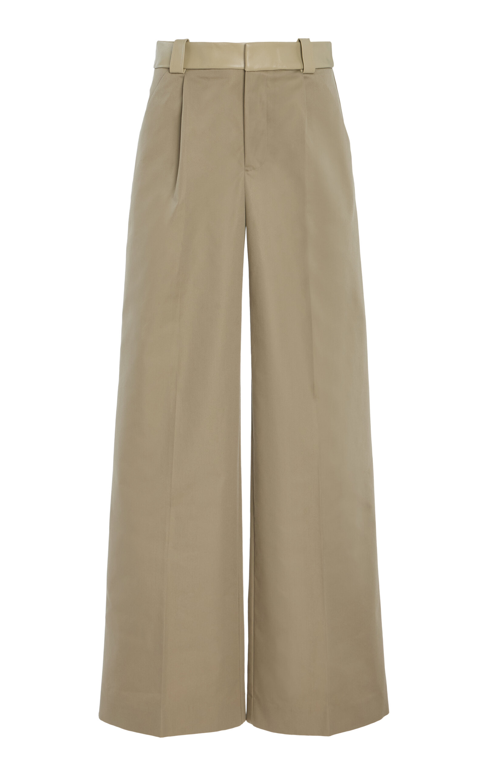 Leather-Detailed Cotton Wide-Leg Trousers