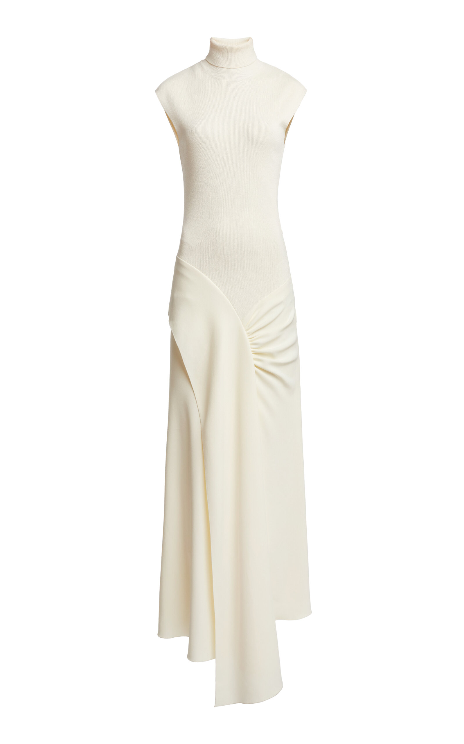 Shop Victoria Beckham Ruched Knit Midi Dress In Off-white