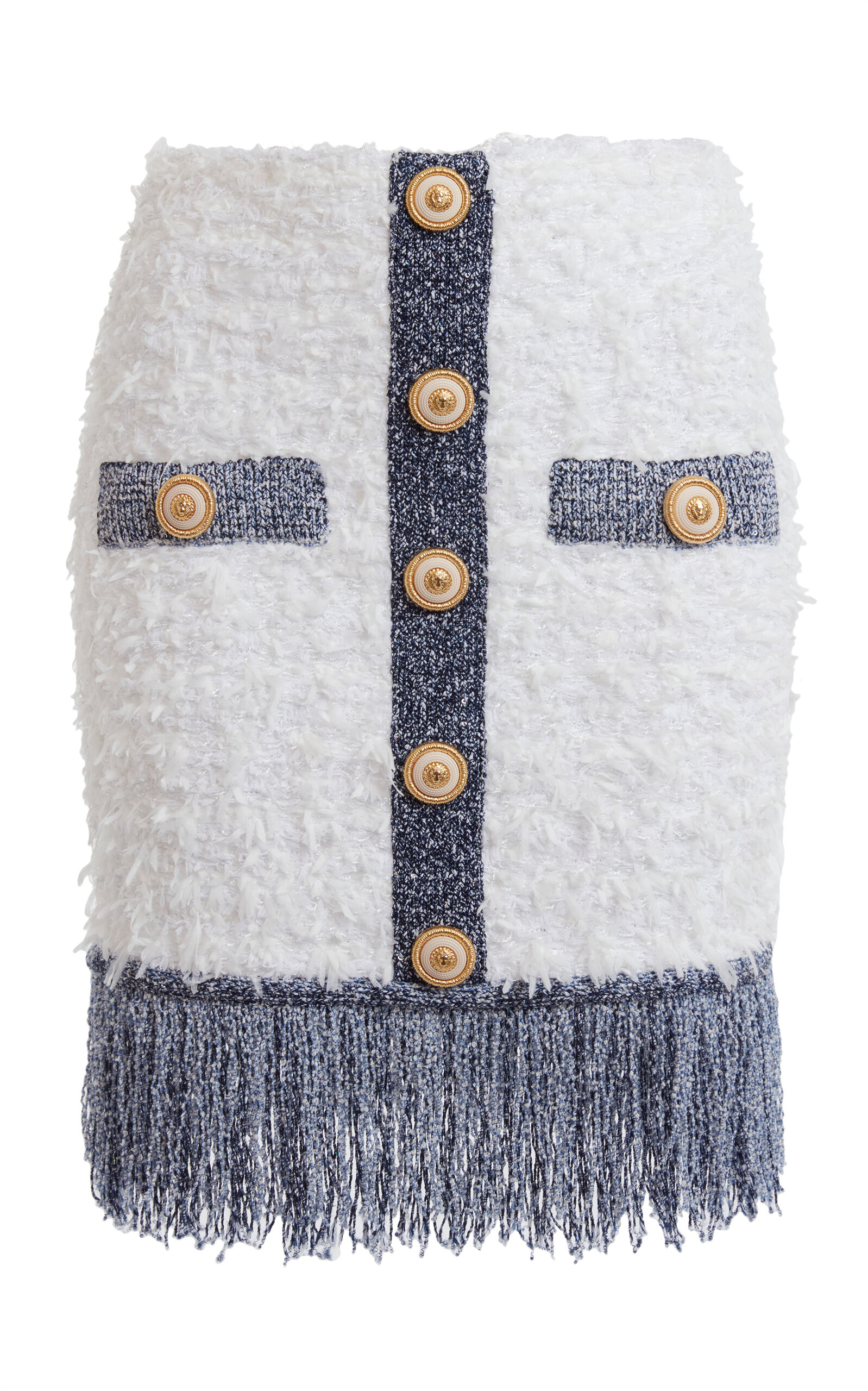 Shop Balmain Fringed Trompe L'oeil Knit-tweed Mini Skirt In White