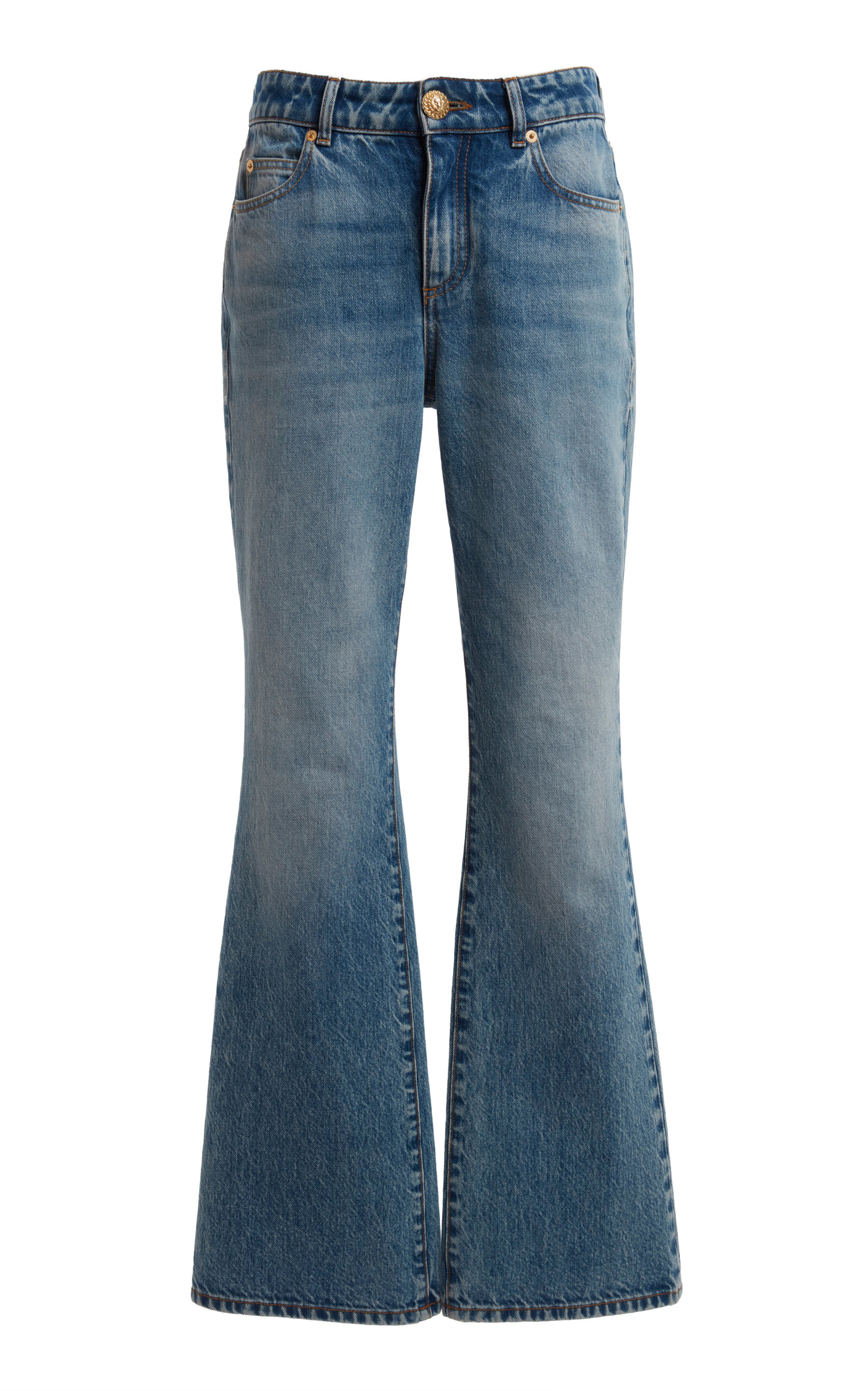 Shop Balmain Stretch Low-rise Bootcut Jeans In Blue