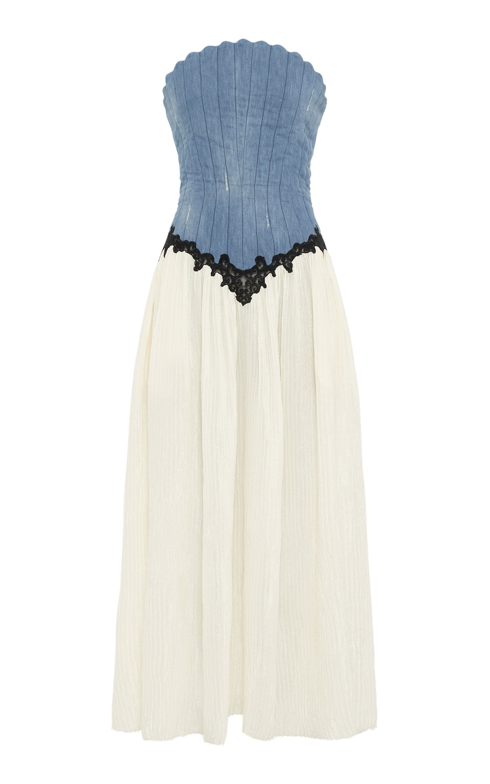 Gabriela Hearst Glenn Lace-trimmed Cotton-linen Denim Corset Maxi Dress In Light Blue