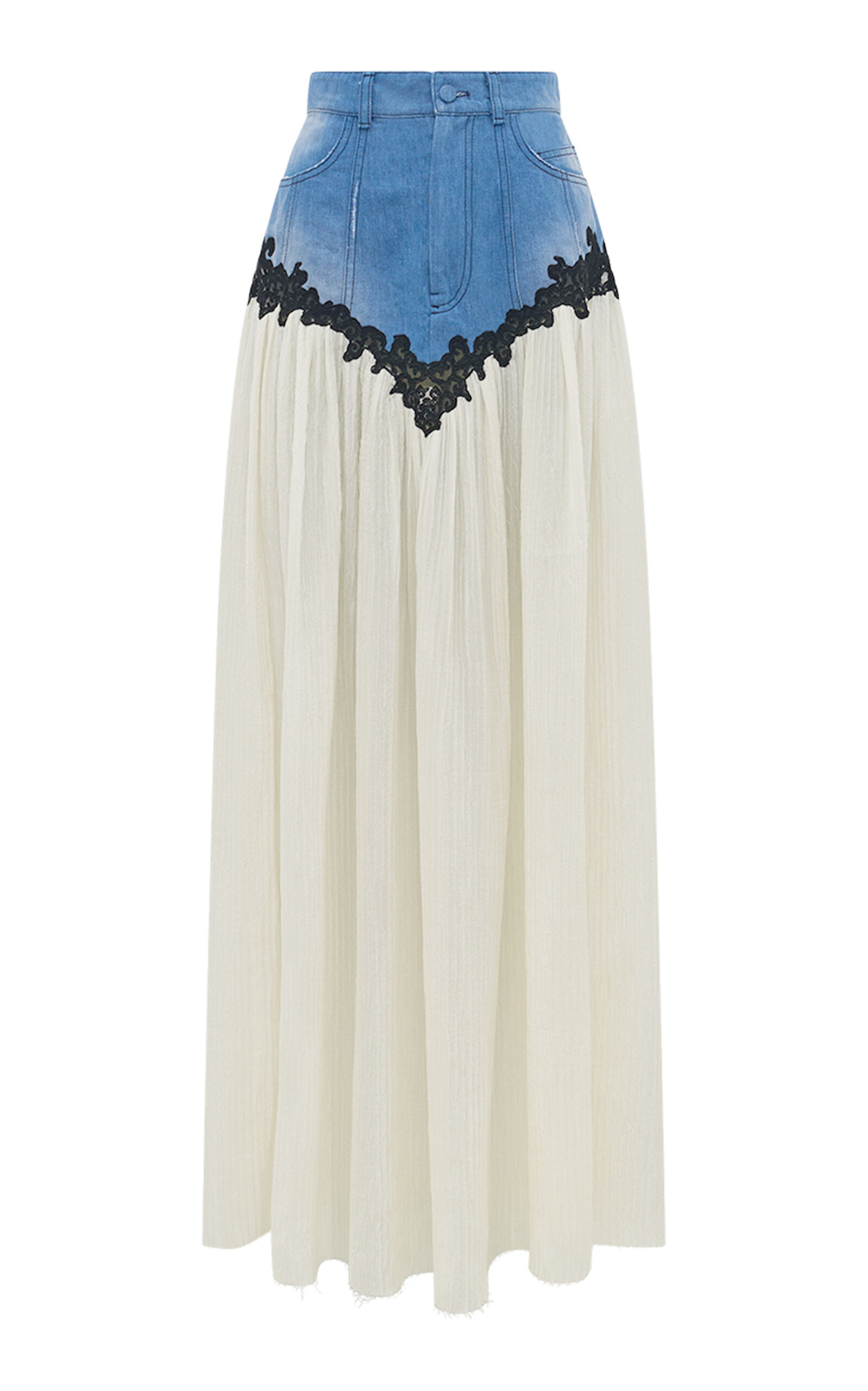 Gabriela Hearst Leigh Lace-trimmed Cotton-linen Denim Maxi Skirt In Light Blue