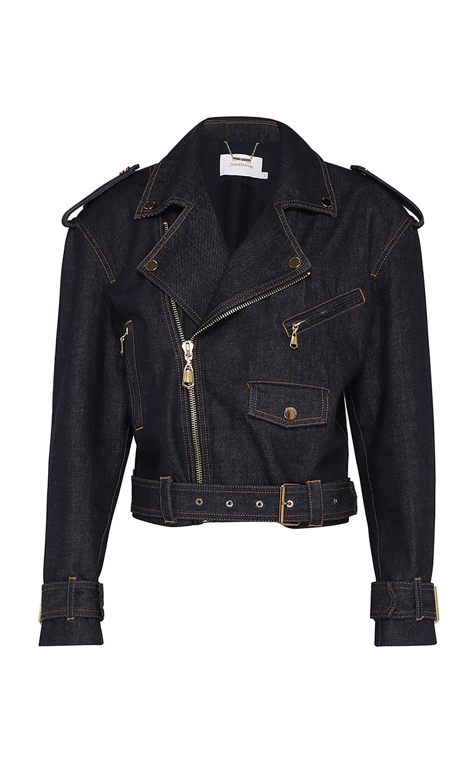 Shop Zimmermann Crush Denim Biker Jacket In Dark Wash