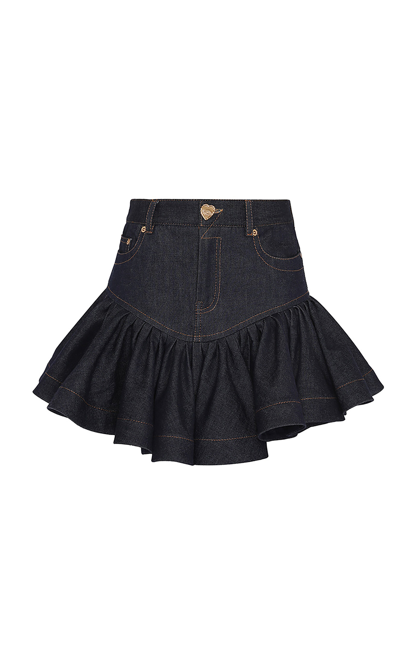 Shop Zimmermann Crushed Flared Denim Mini Skirt In Dark Wash