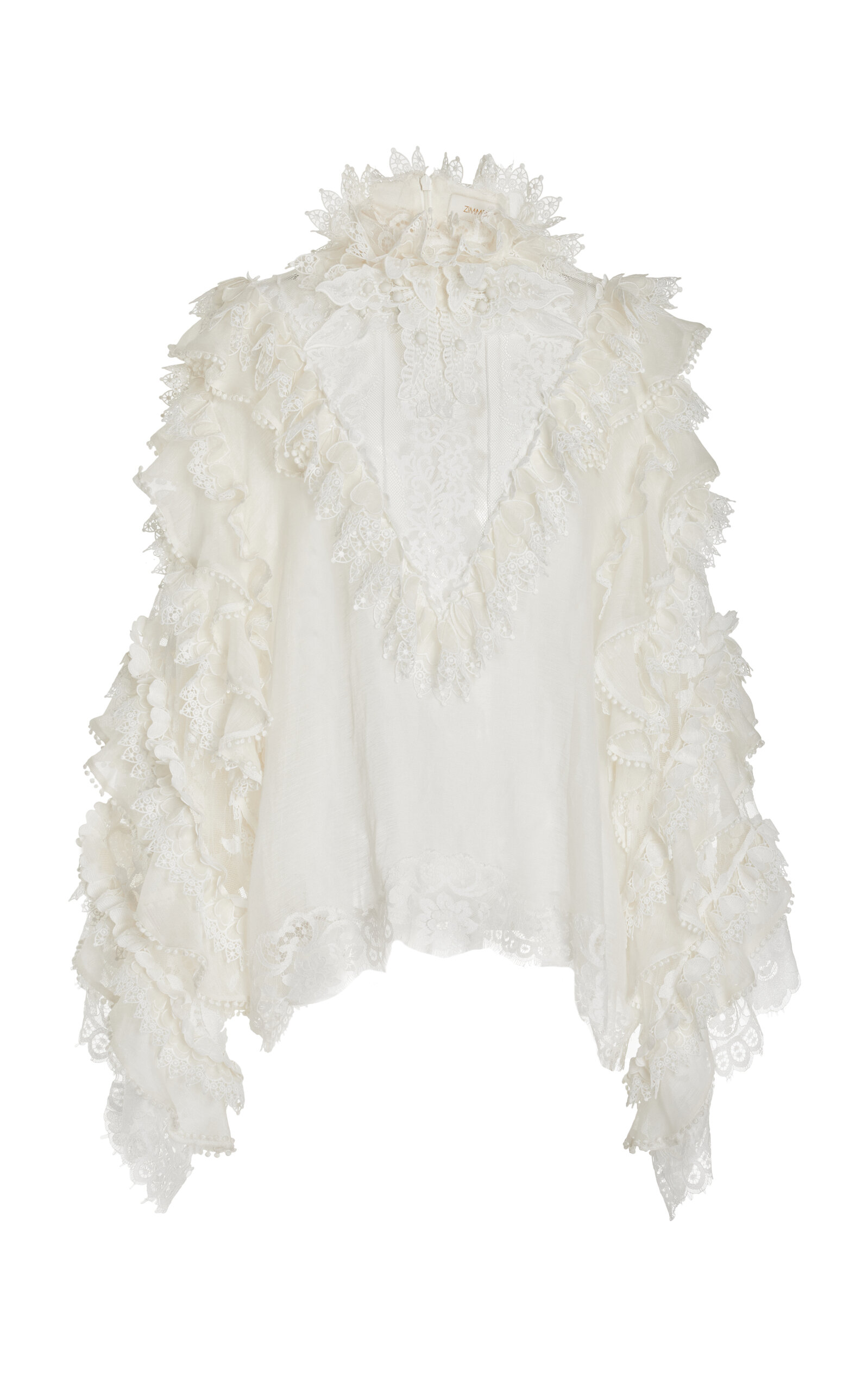 Shop Zimmermann Crush Lace-trimmed Ruffle Linen-silk Top In Ivory