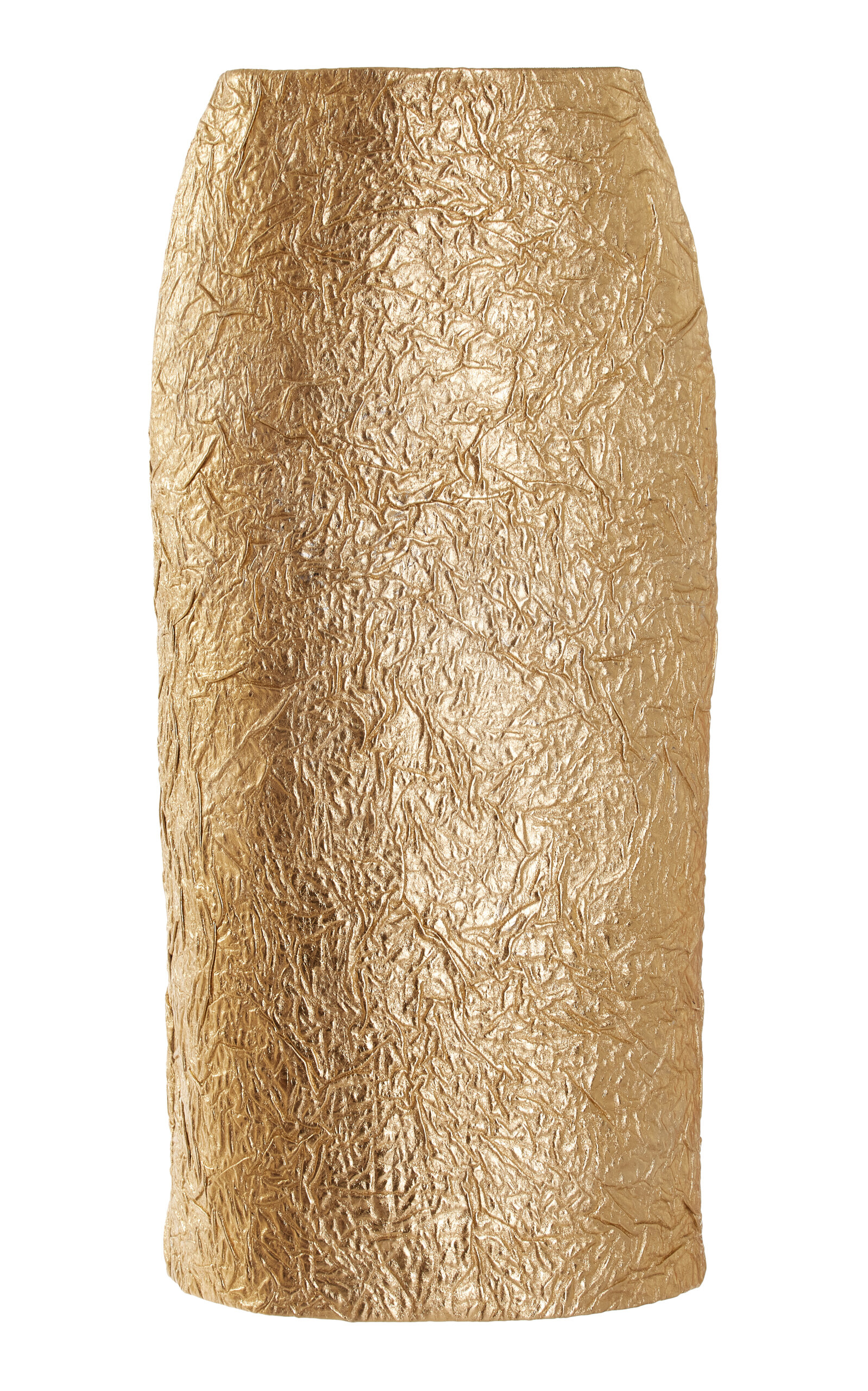 Shop Brandon Maxwell The Gail Crinkled Leather Midi Pencil Skirt In Gold