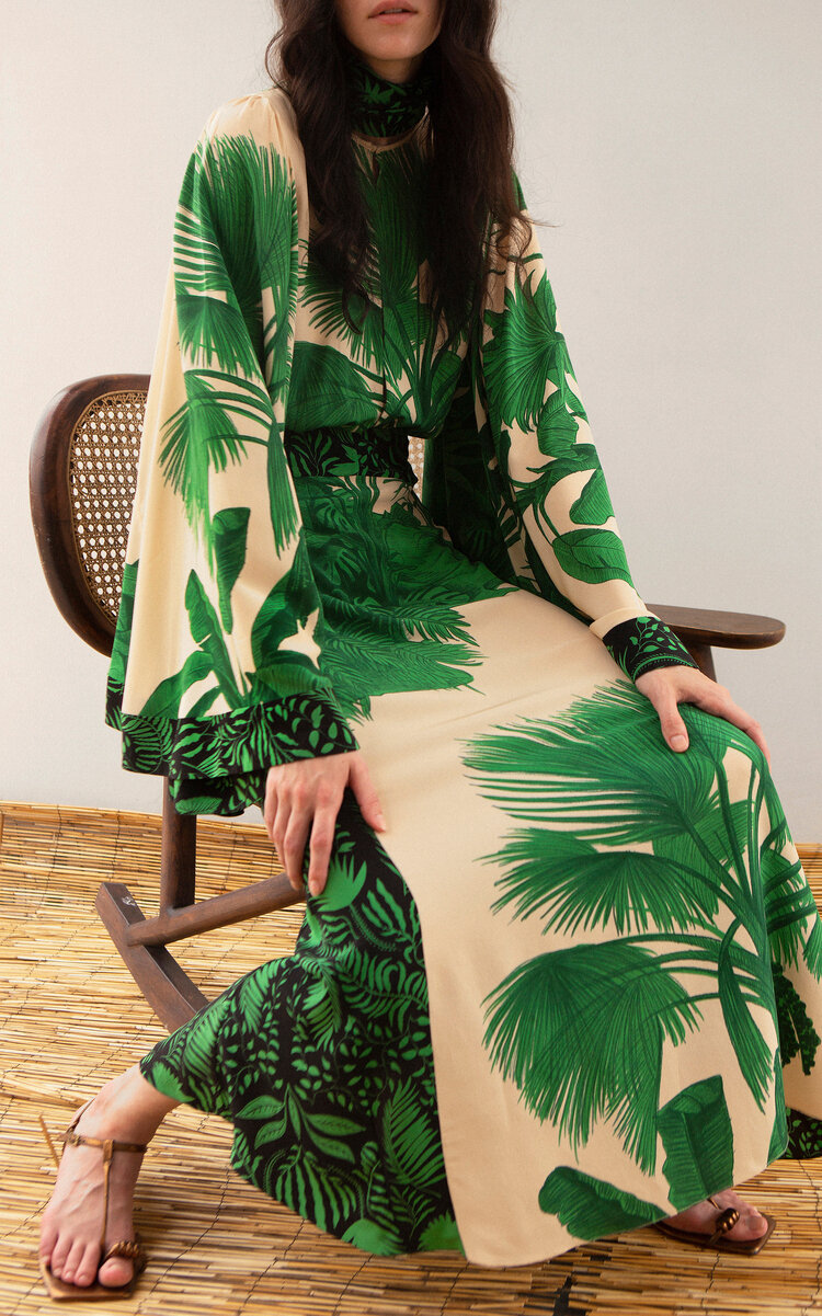 Johanna Ortiz Maiden Voyage Bell Sleeve Silk Maxi Dress In Green