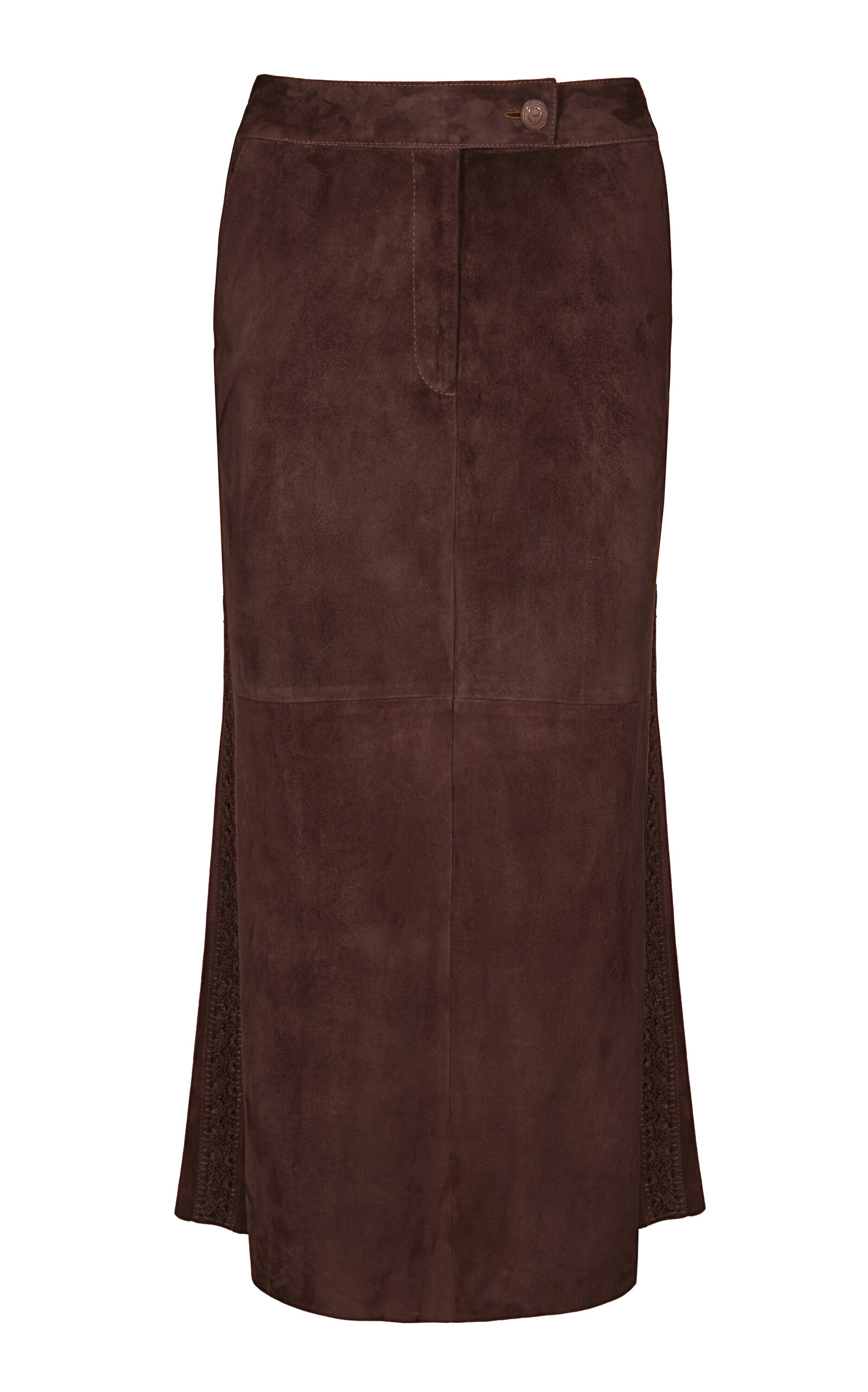 Shop Johanna Ortiz El Buque Embroidered Suede Midi Skirt In Brown