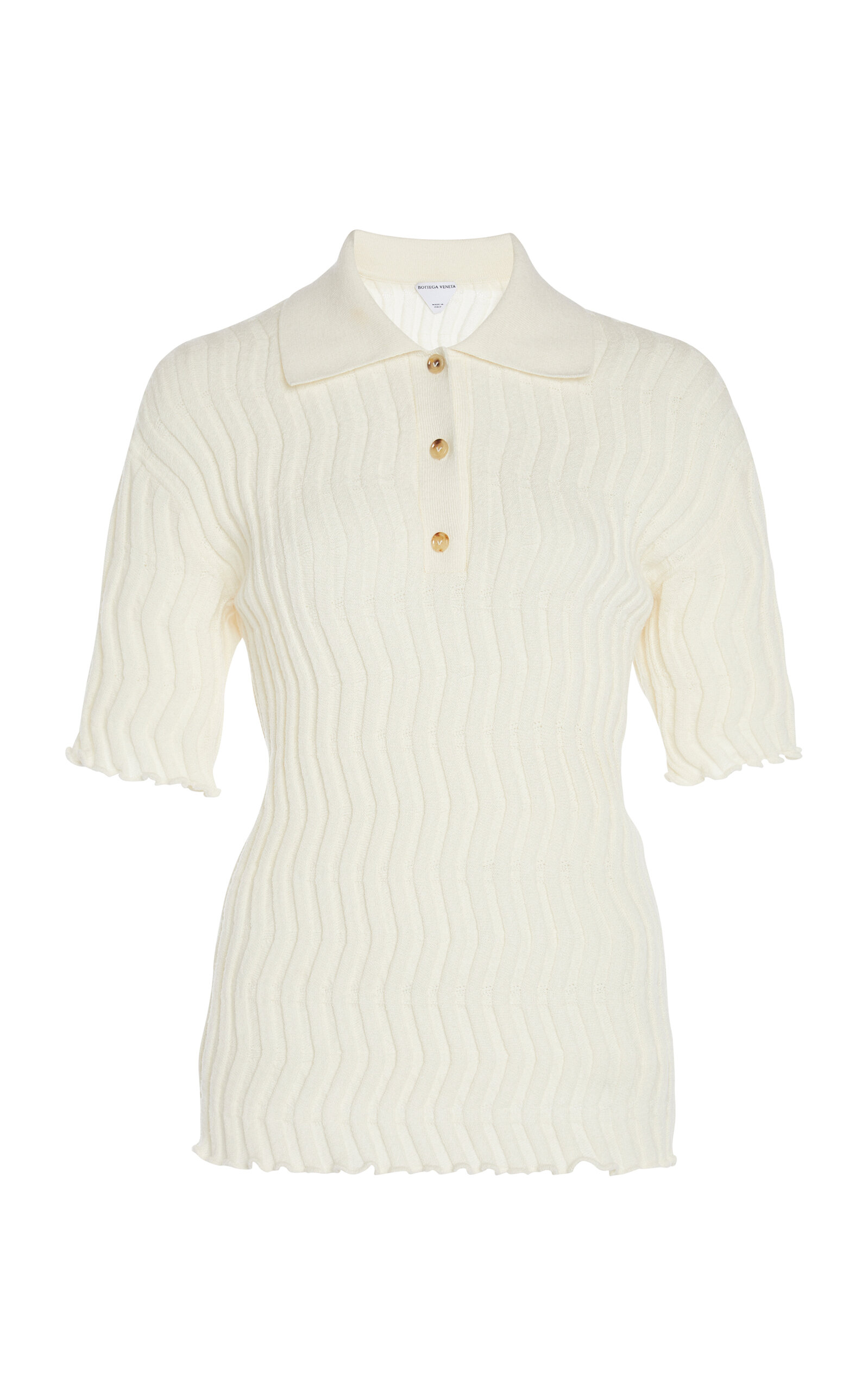 Ribbed-Knit Wool Polo Top