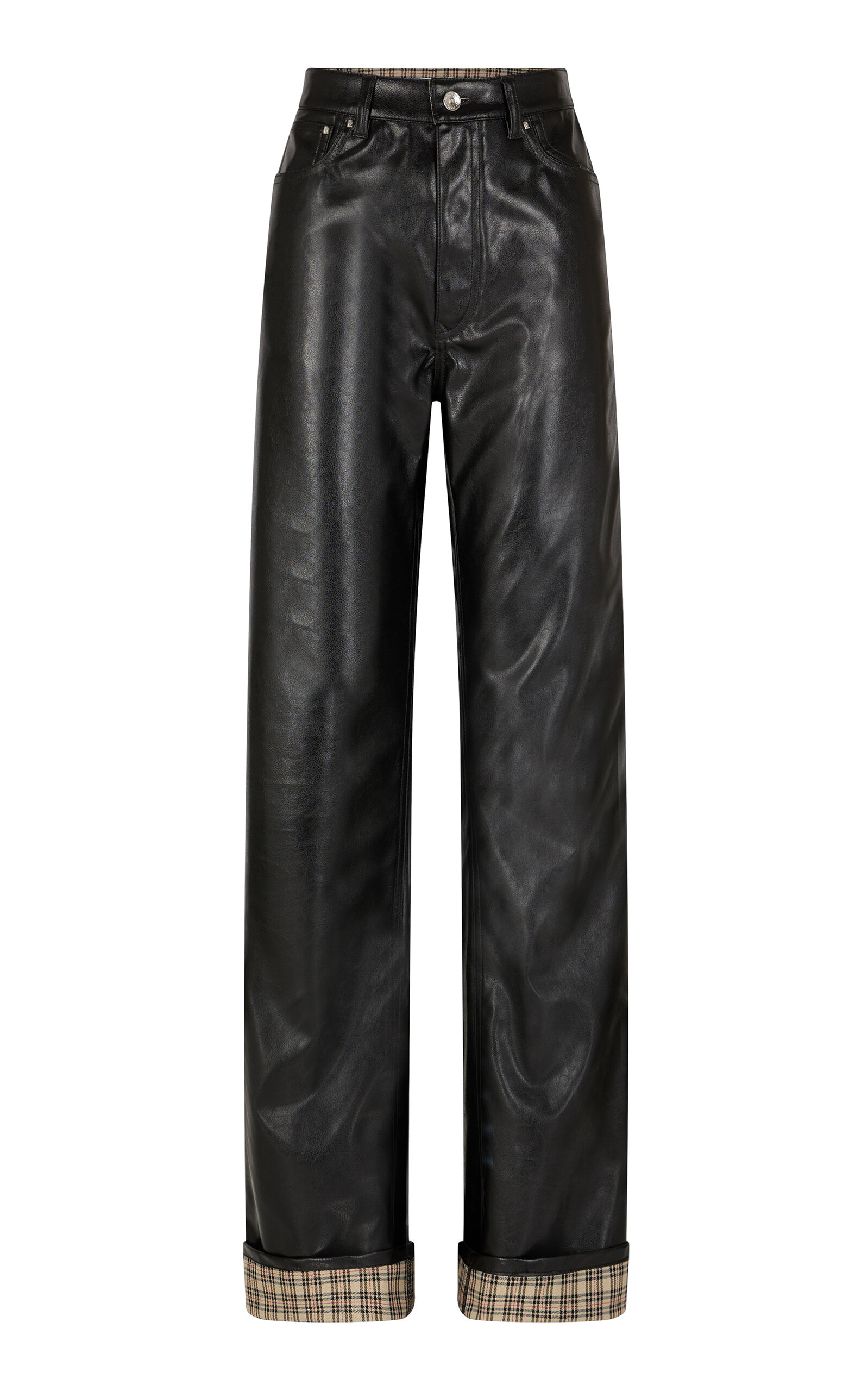 Tartan-Lined Vegan Leather Wide-Leg Pants