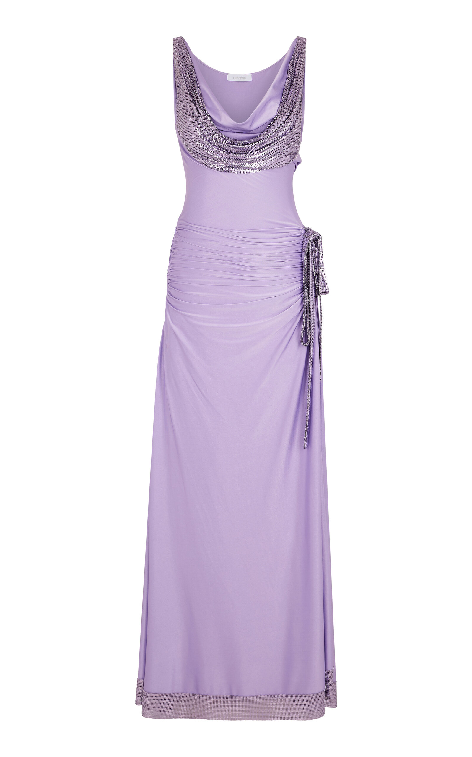 Shop Rabanne Metallic Mesh-detailed Satin Jersey Maxi Dress In Purple