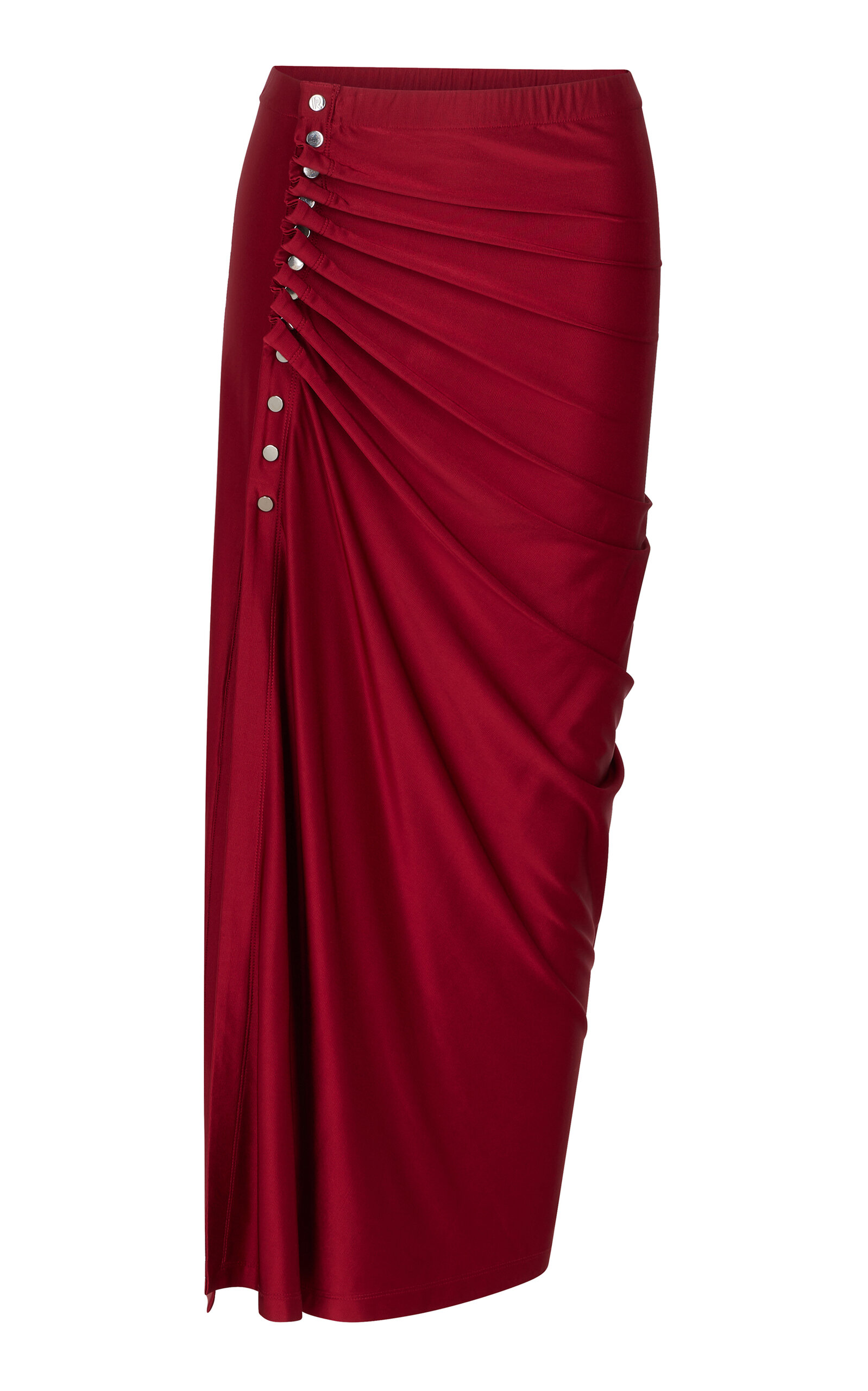 Shop Rabanne Ruched Satin Jersey Midi Skirt In Red