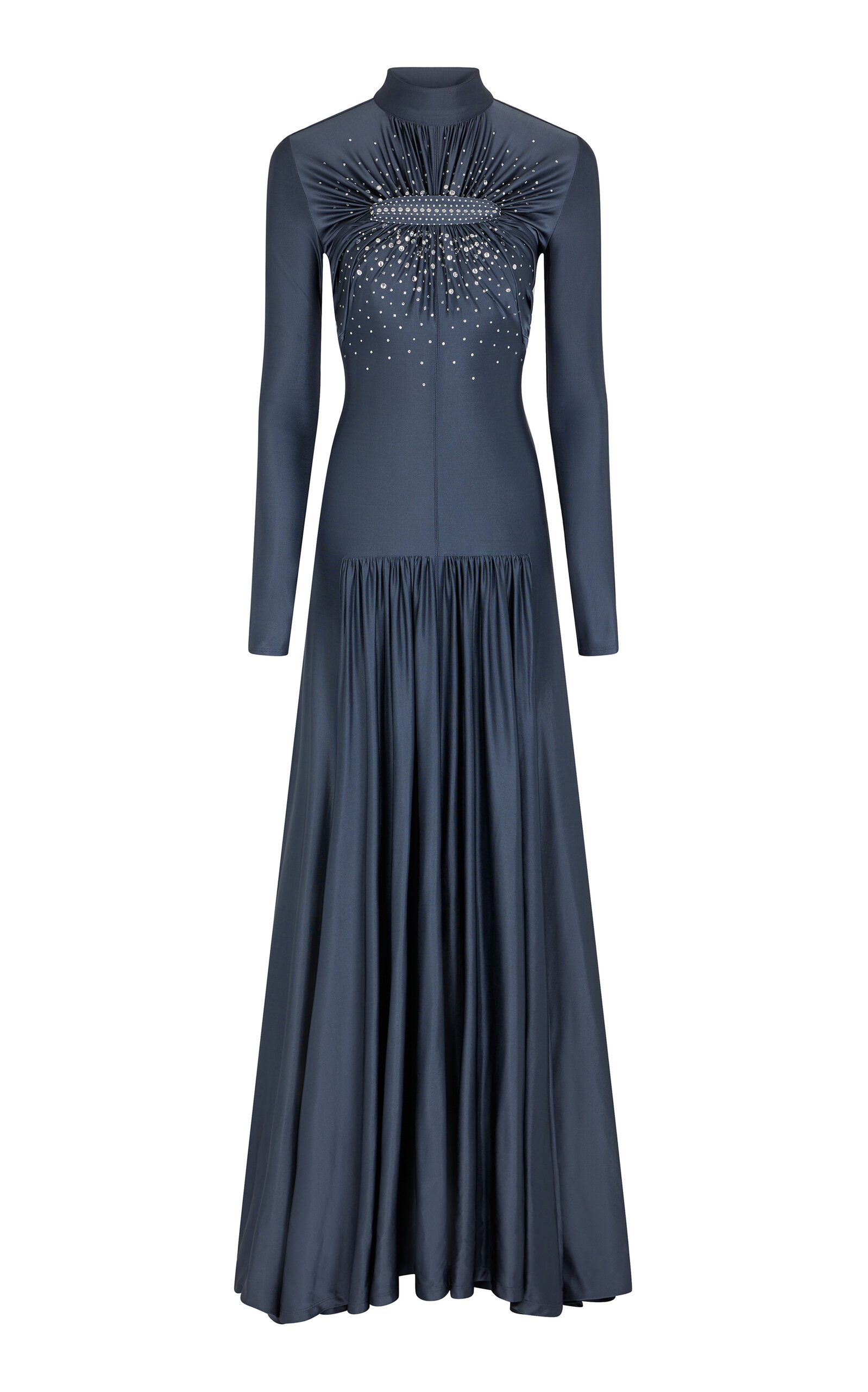 Shop Rabanne Embellished Satin Jersey Gown In Blue