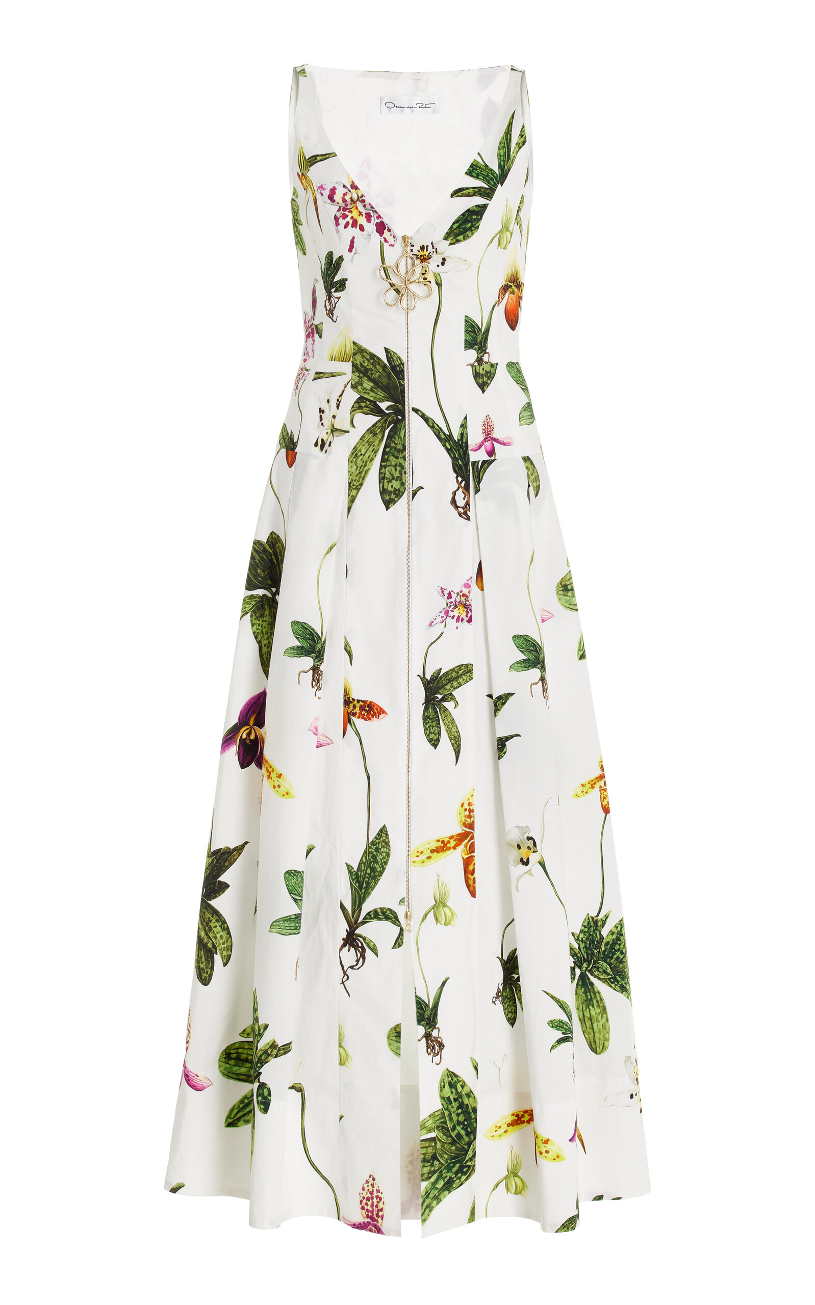 Shop Oscar De La Renta Zip-front Cotton Poplin Maxi Dress In Floral