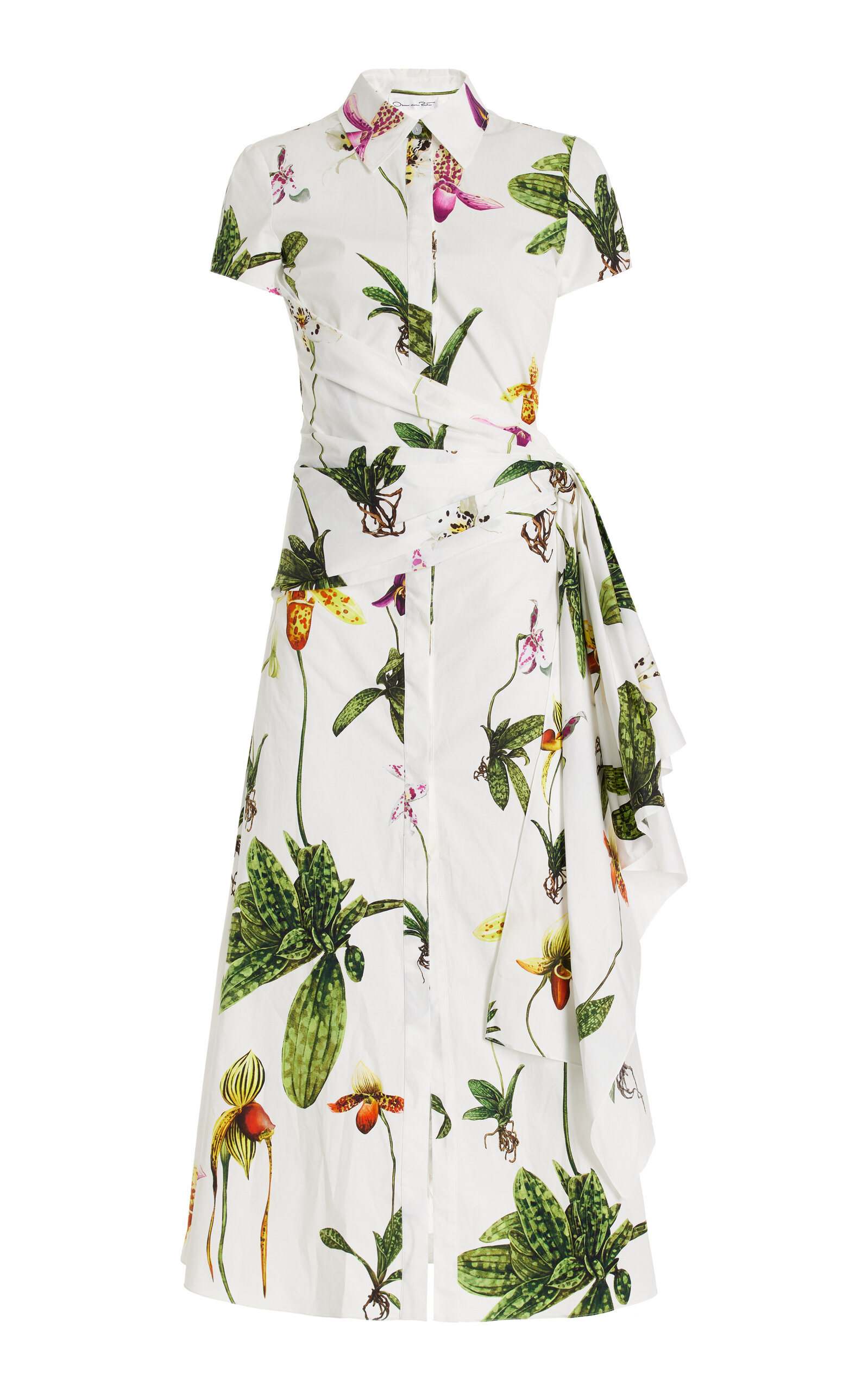 Shop Oscar De La Renta Cap Sleeve  Orchids Poplin Dress With Sash Detail In Floral