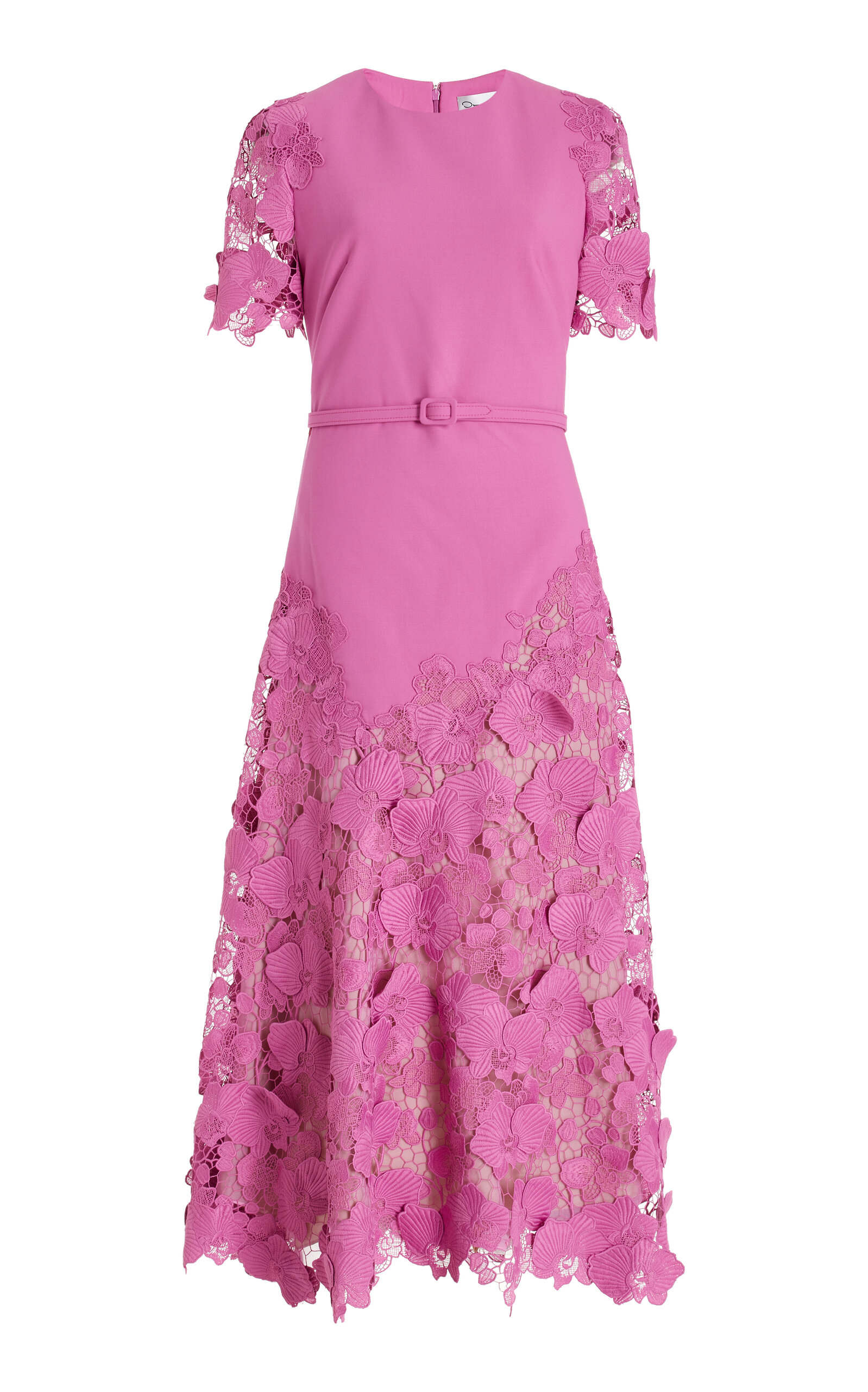 Oscar De La Renta Short Sleeve Orchid Guipure Inset Dress With Self Belt In Pink