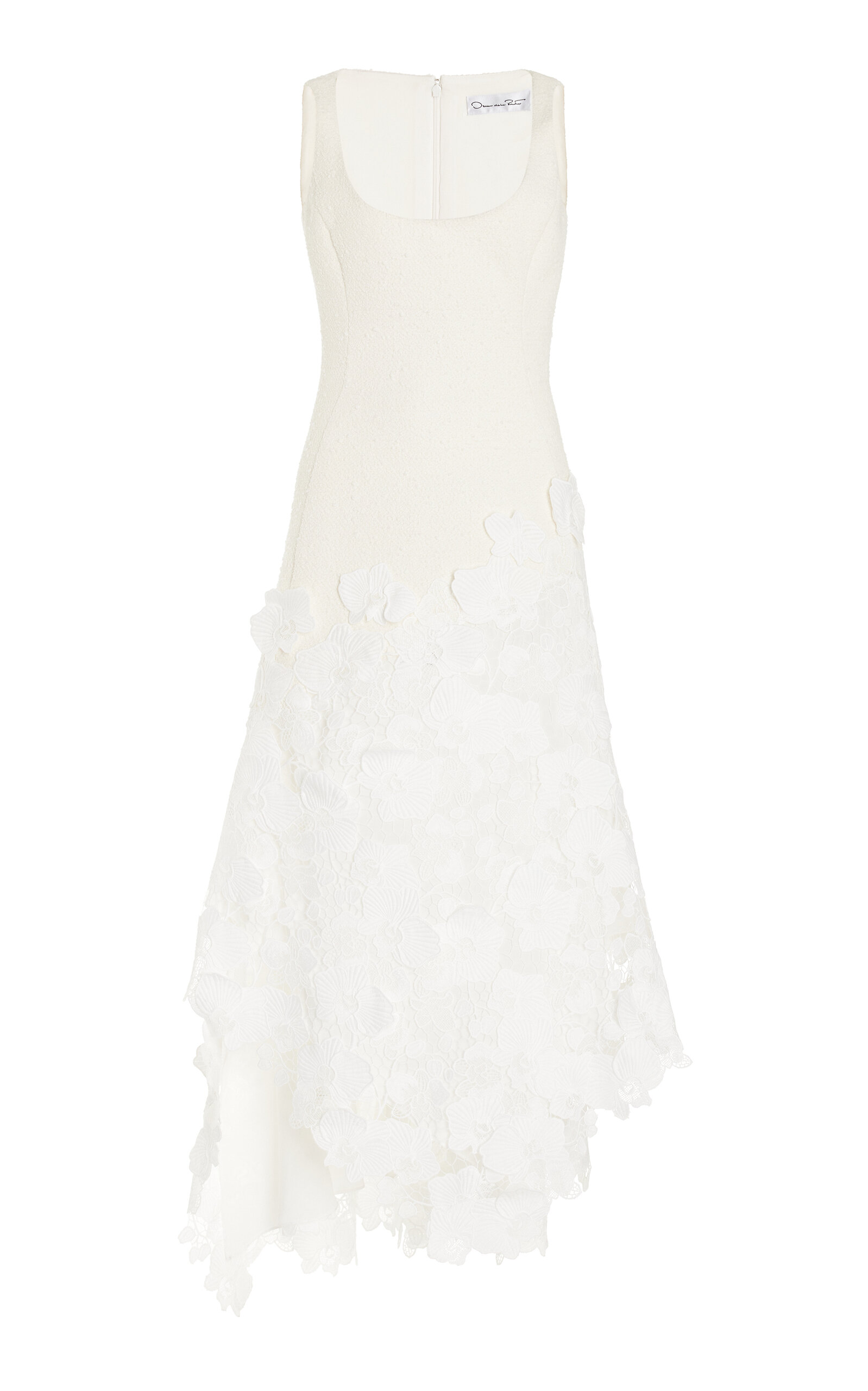 Shop Oscar De La Renta Cotton Tweed-guipure Midi Dress In Ivory