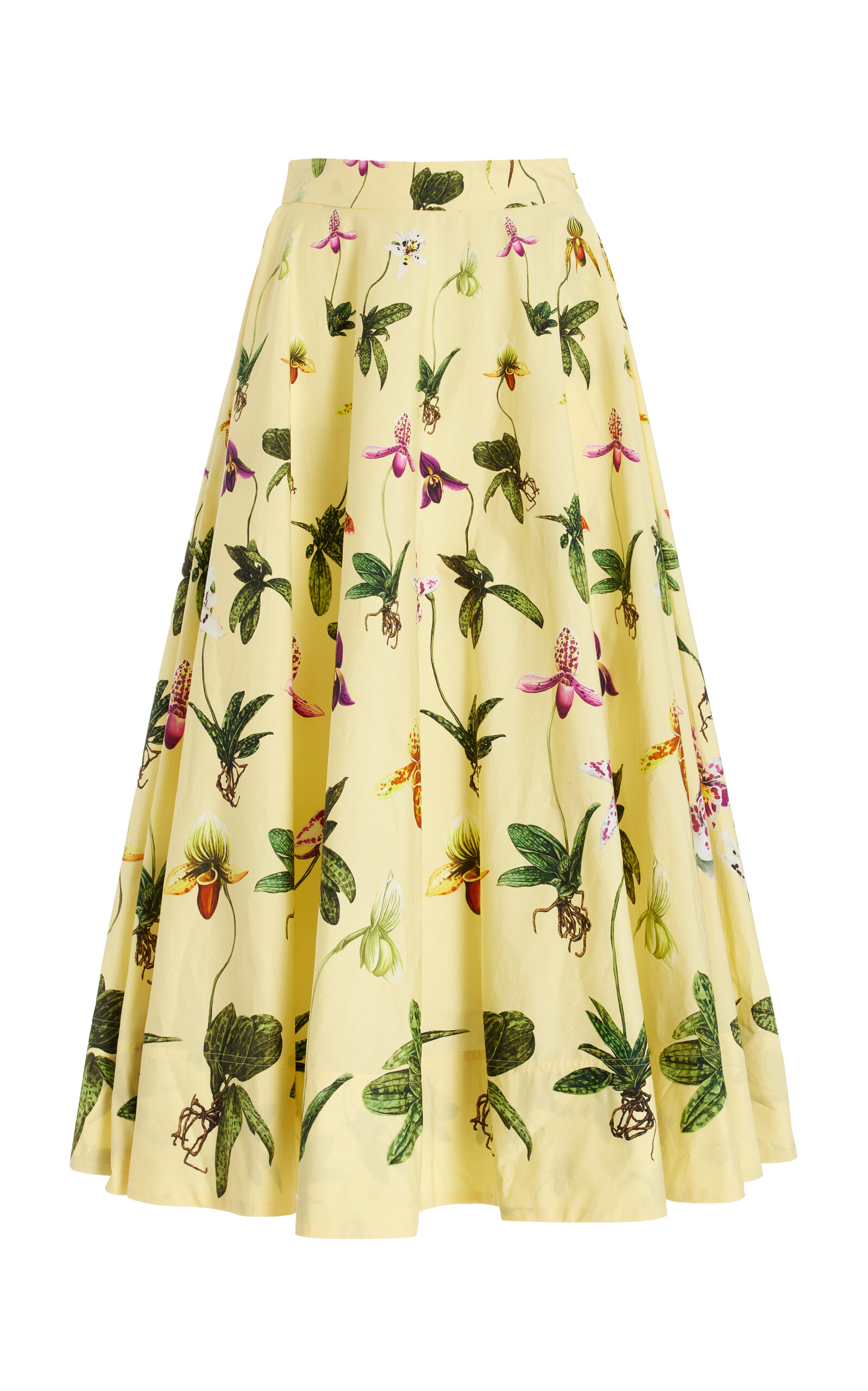 Shop Oscar De La Renta Printed Cotton Poplin Midi Skirt In Yellow