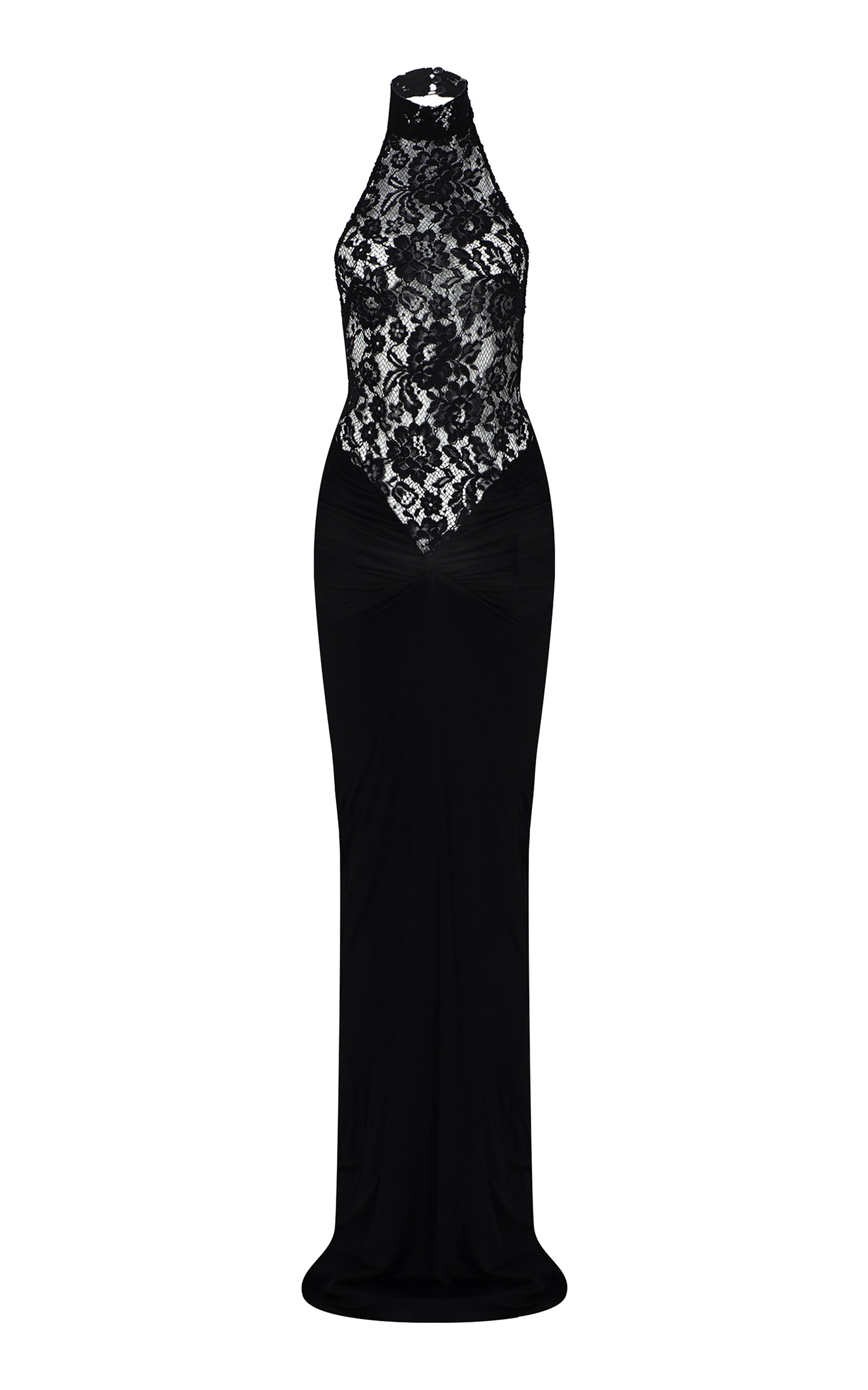 The New Arrivals Ilkyaz Ozel Cass Ruched Lace-jersey Maxi Dress In Black