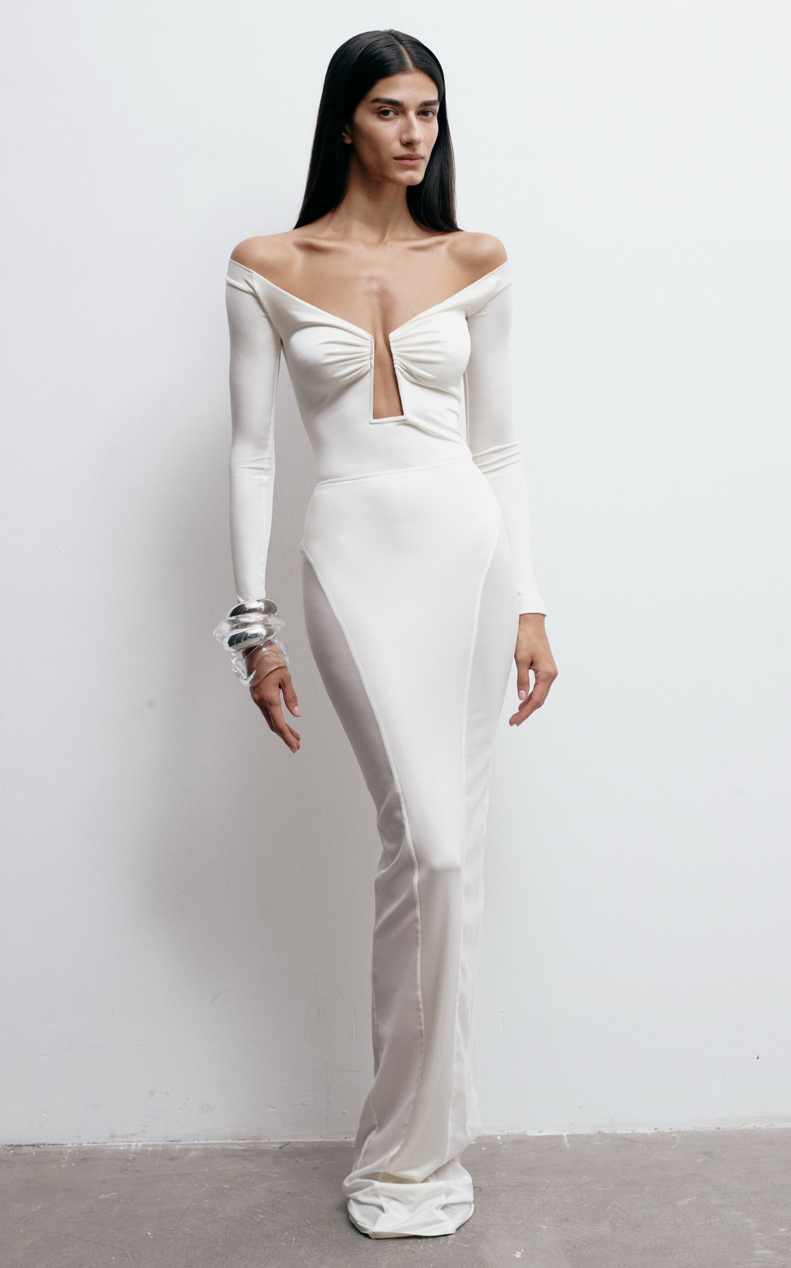 The New Arrivals Ilkyaz Ozel Therese Mesh-paneled Jersey Off-the-shoulder Maxi Dress In White