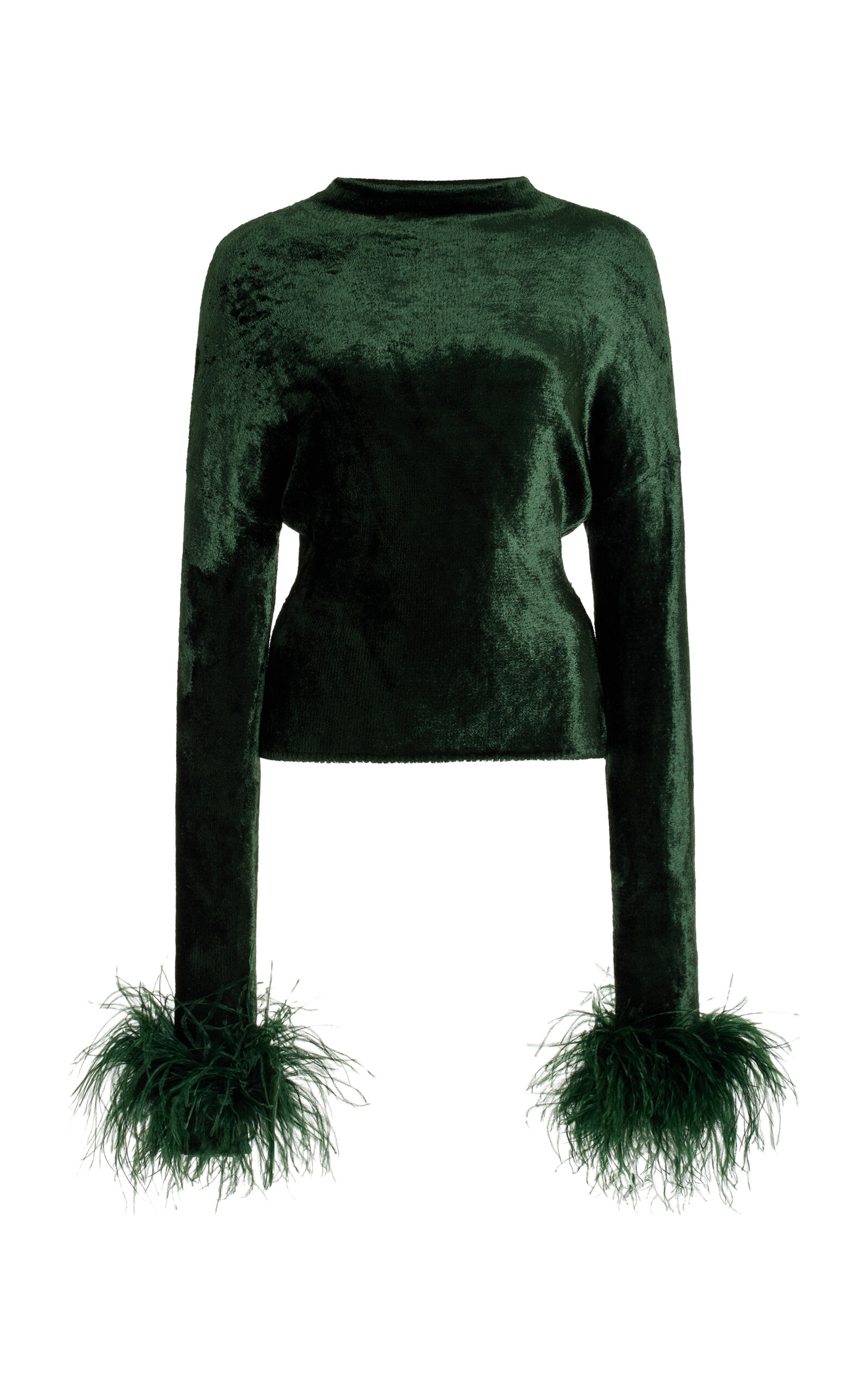 Shop Lapointe Feather-trimmed Dolman-sleeve Velvet Top In Green