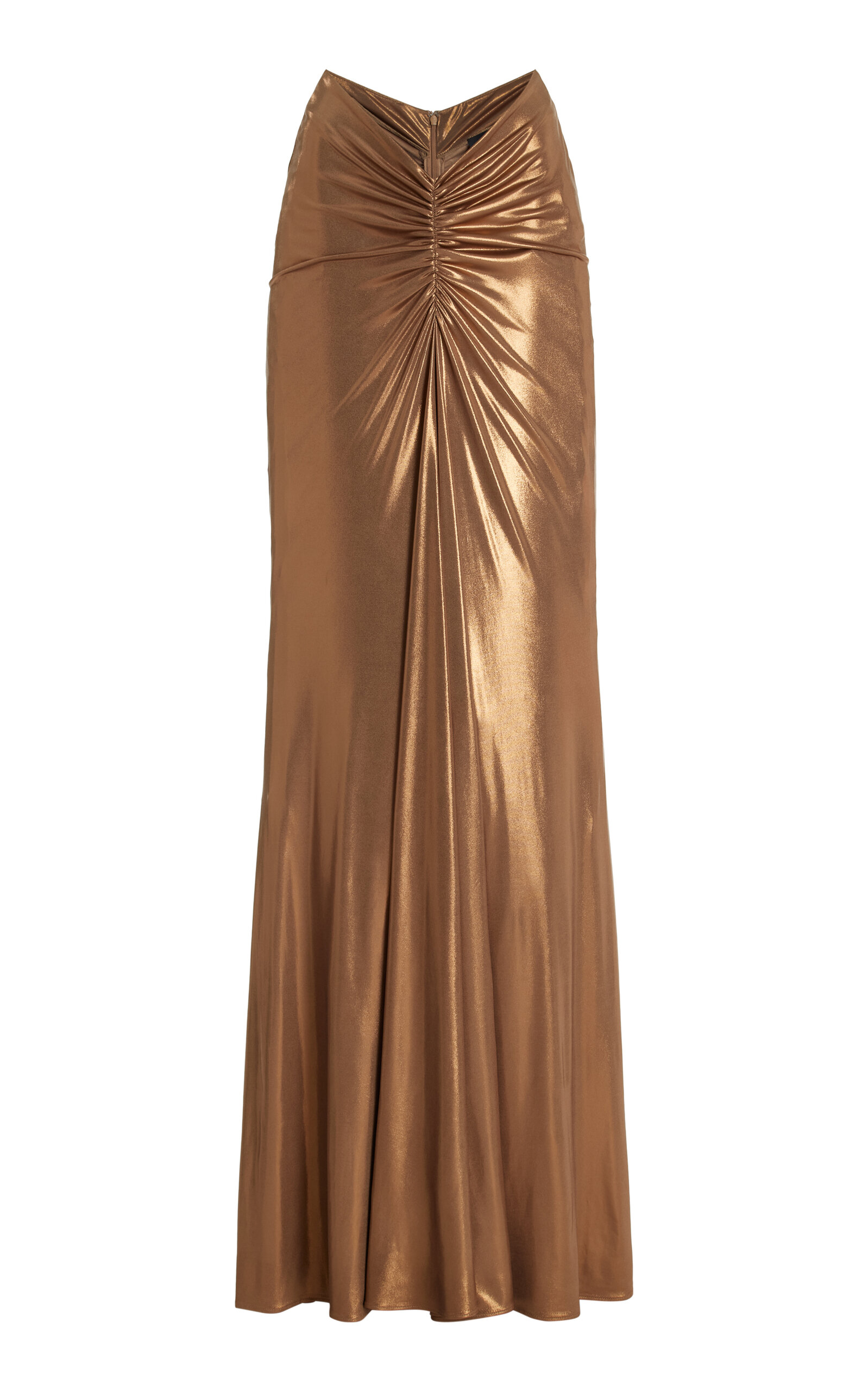 Shop Lapointe Ruched Coated-jersey Maxi Skirt In Gold