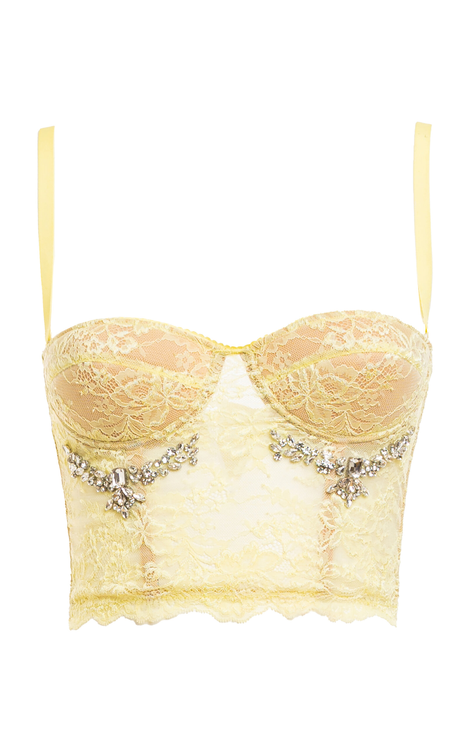 Shop Des_phemmes Crystal-embellished Lace Bustier Crop Top In Yellow