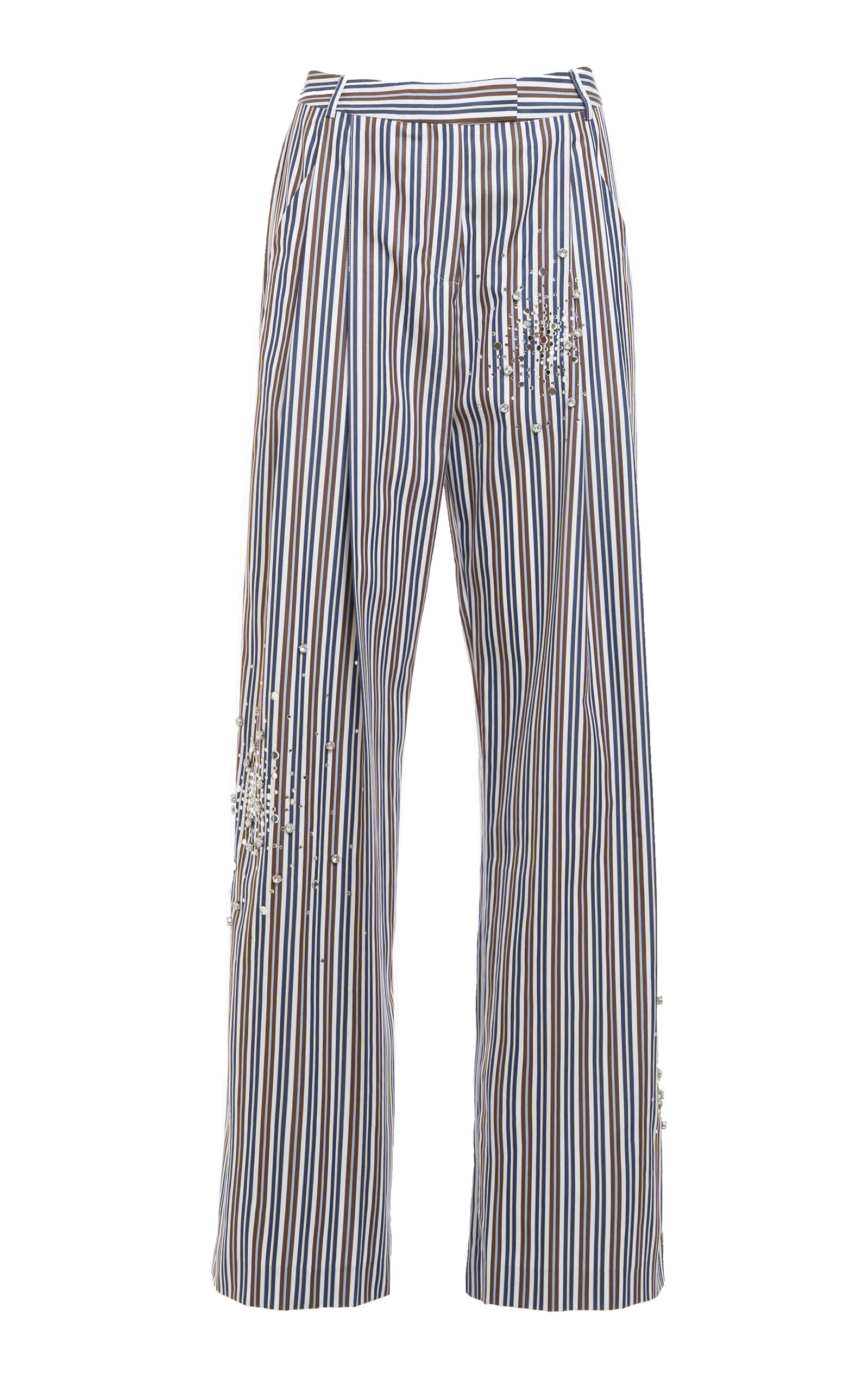 Crystal-Embellished Striped-Cotton Wide-Leg Pants