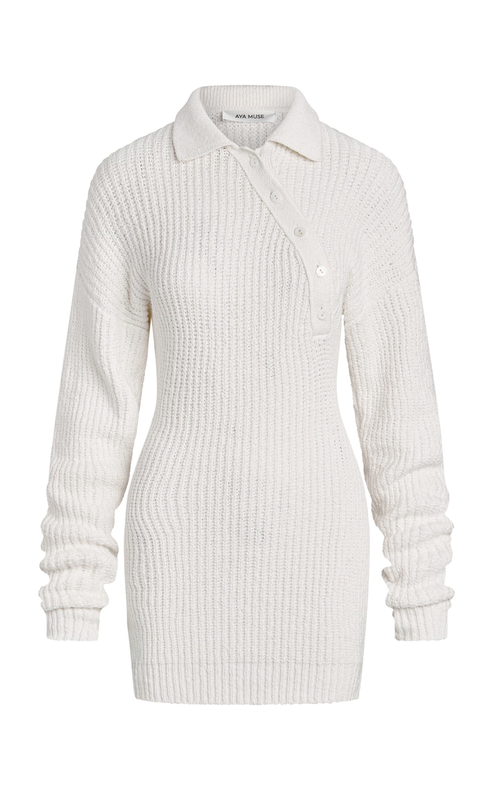 Aya Muse Elan Asymmetric Knit Cotton Polo Mini Dress In White