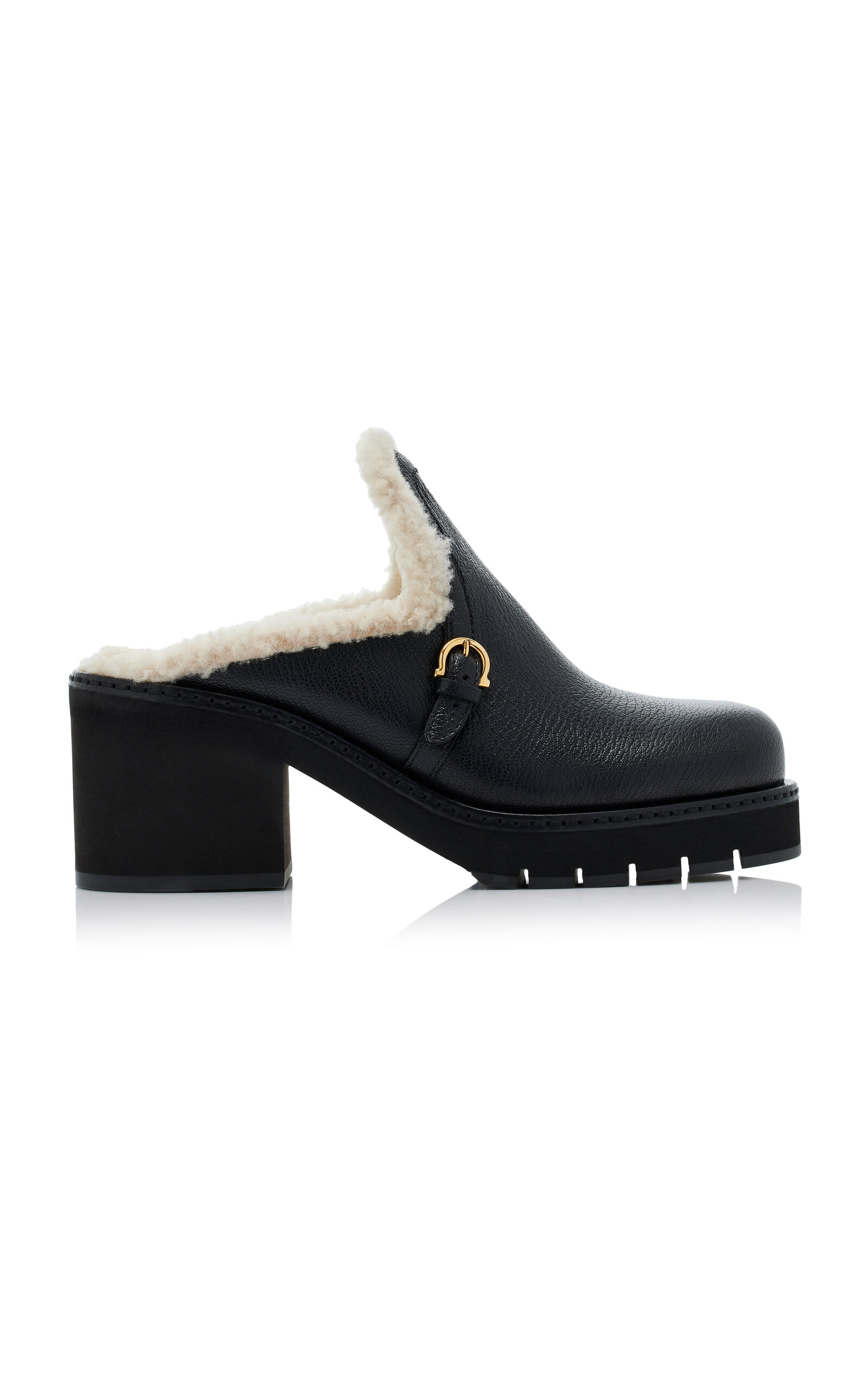 Shop Ferragamo Lug-sole Shearling-lined Leather Mules In Black