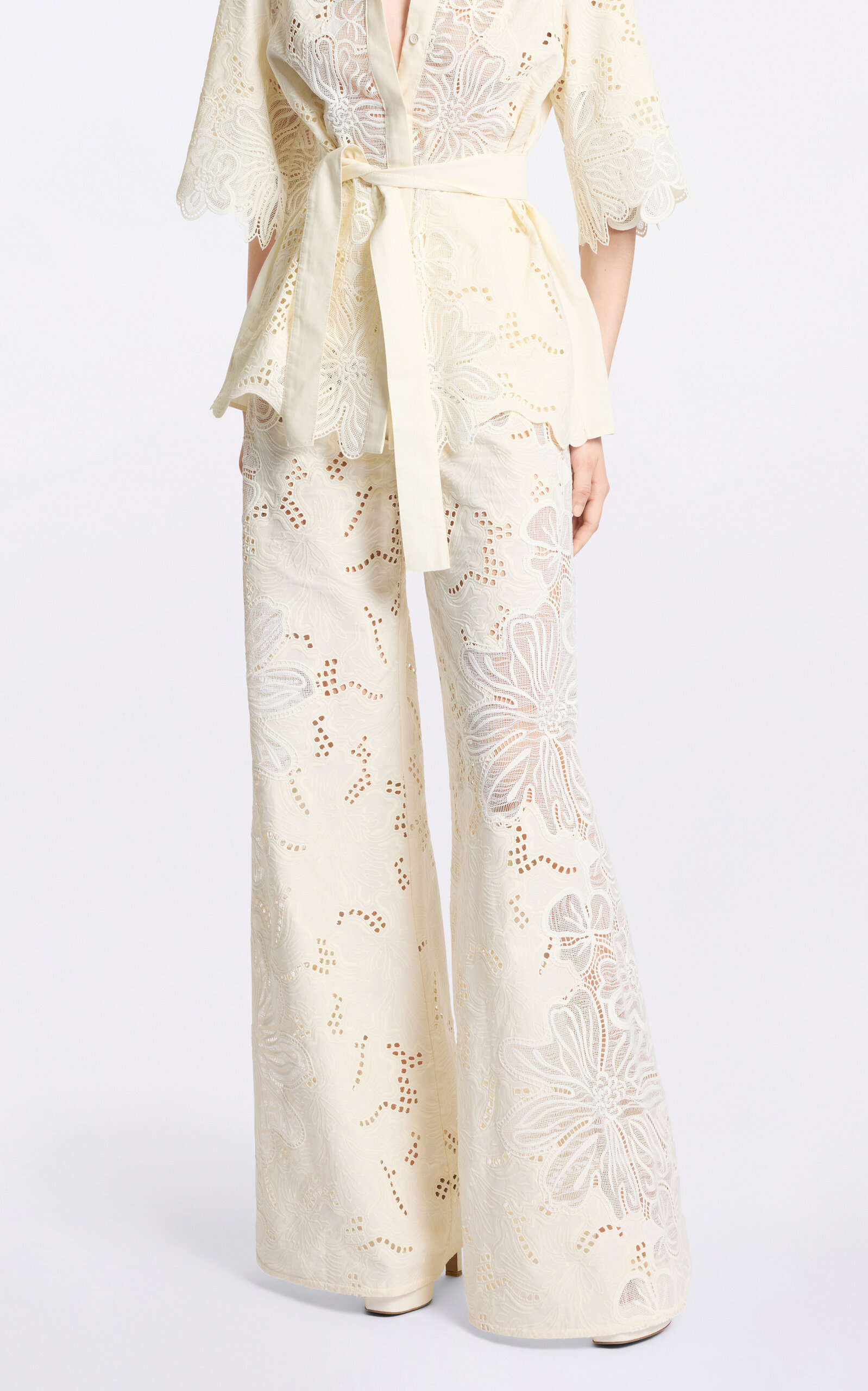 Shop Elie Saab Embroidered Cotton Flared Pants In Off-white