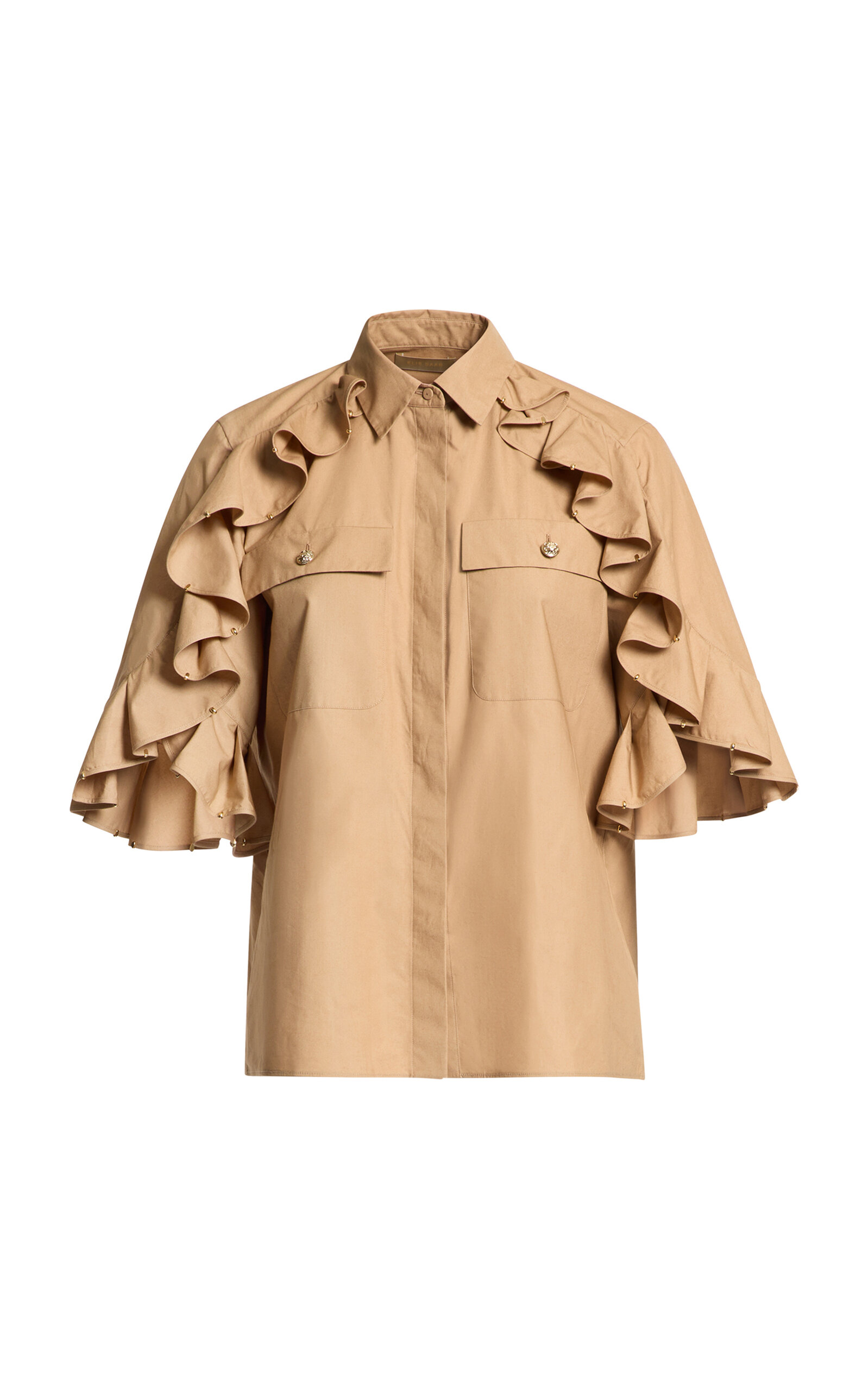 Shop Elie Saab Ruffled Cotton Poplin Shirt In Tan