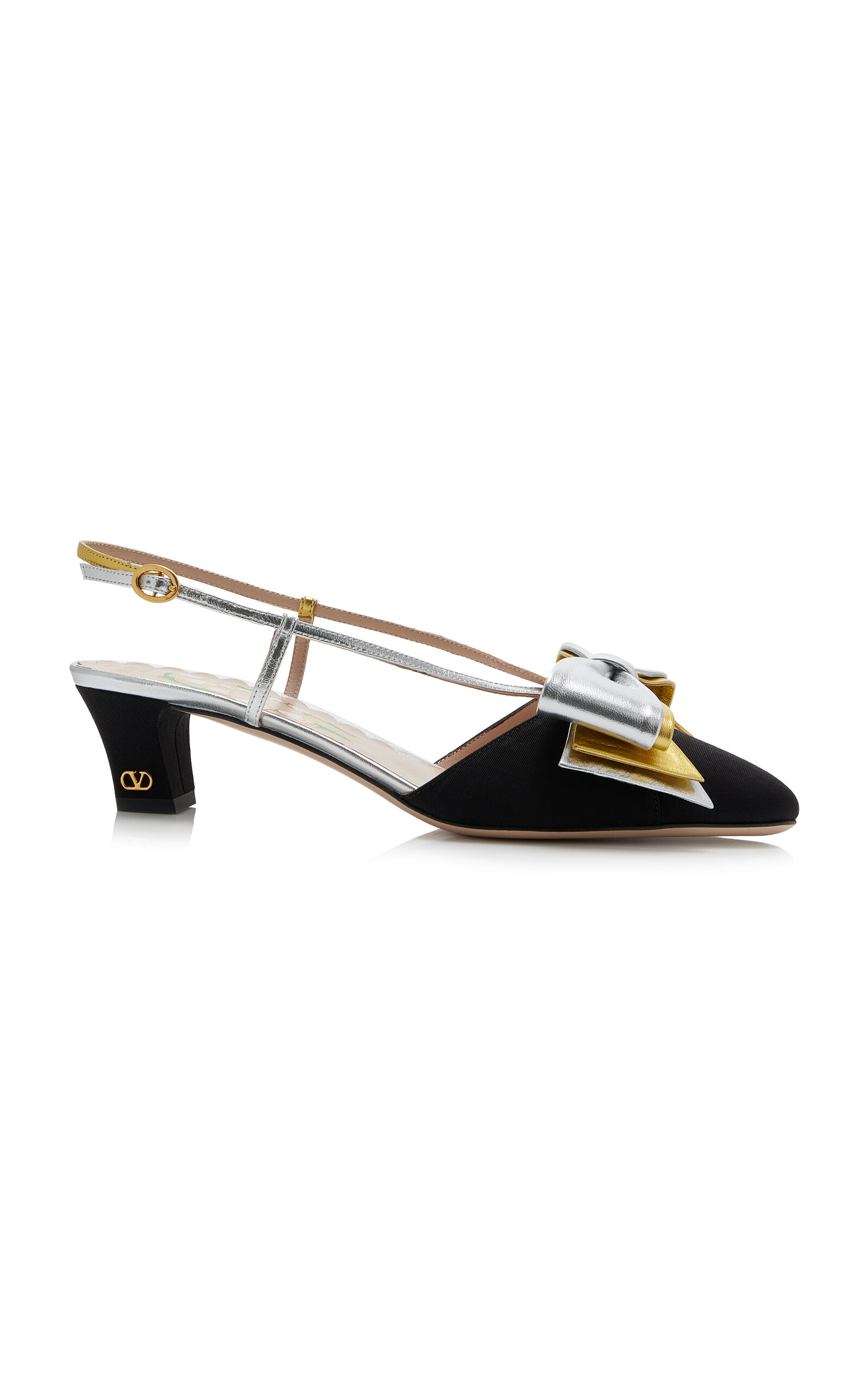 Bowow Leather-Trimmed Satin Slingback Pumps