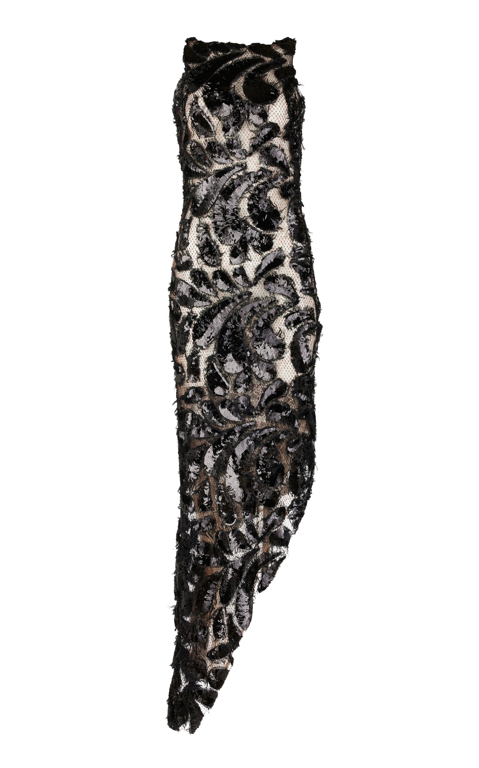 Gota Sequined Lace Asymmetrical Maxi Dress