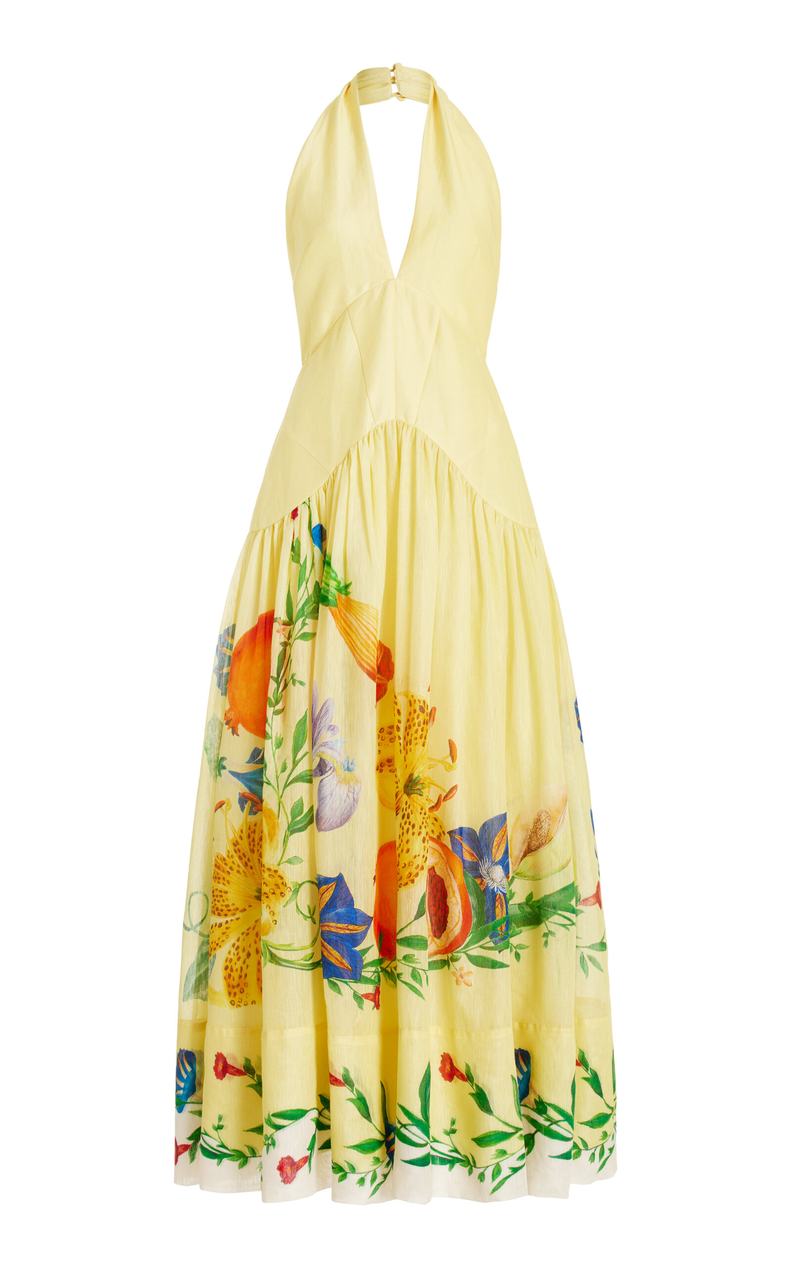 Shop Alemais Dahlia Linen-blend Halter Gown In Yellow