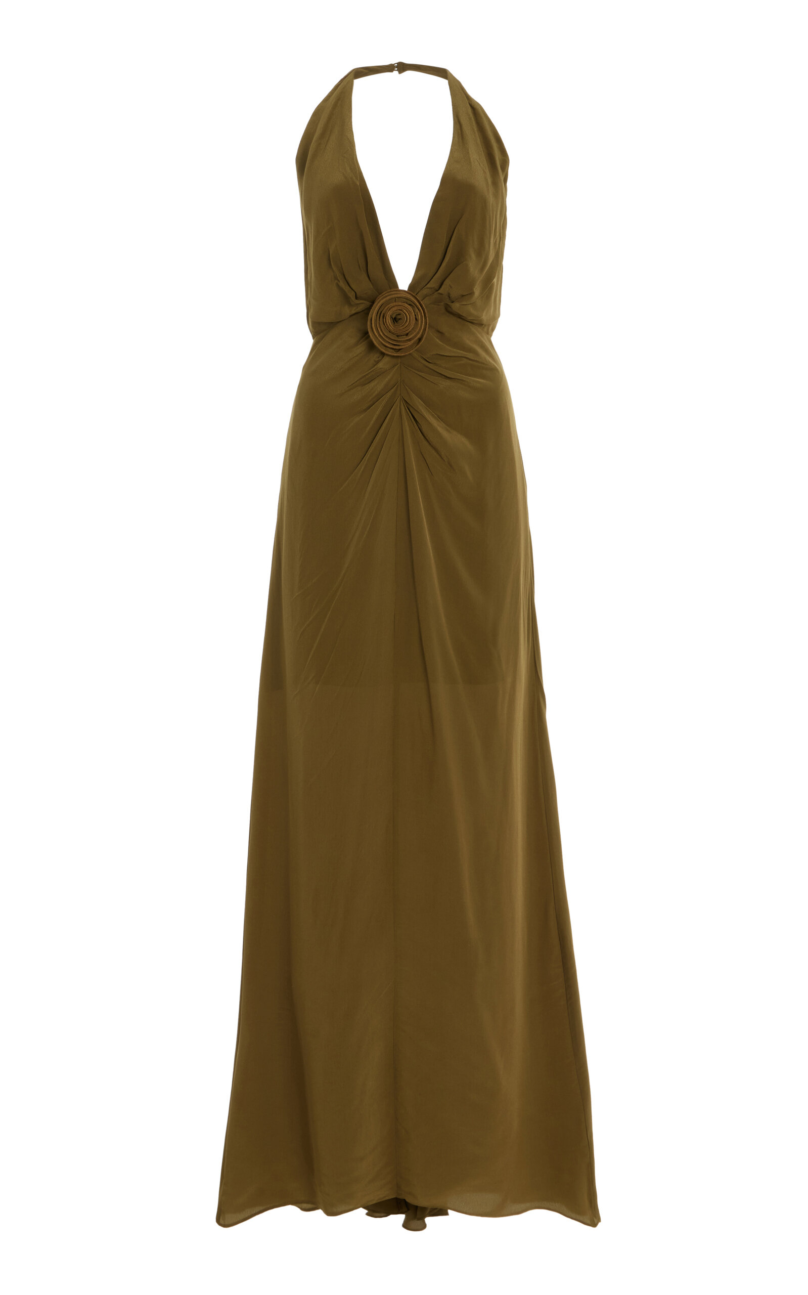 Shop De La Vali Violetta Rosette Crepe De Chine Maxi Halter Dress In Green