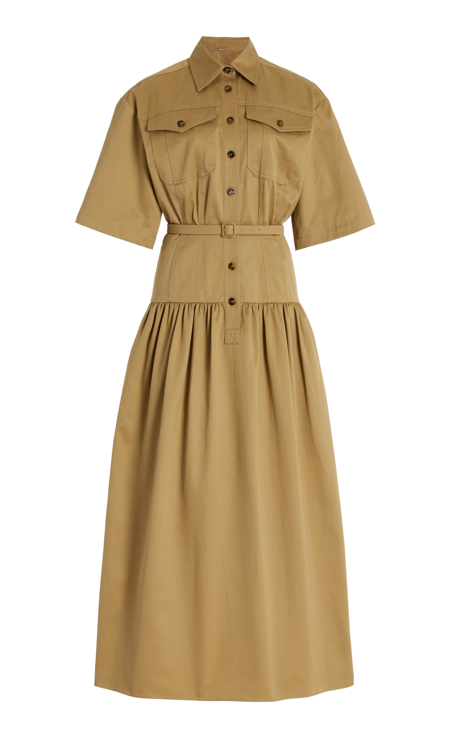 Shop Adam Lippes Drop-waist Cotton-twill Dress In Khaki