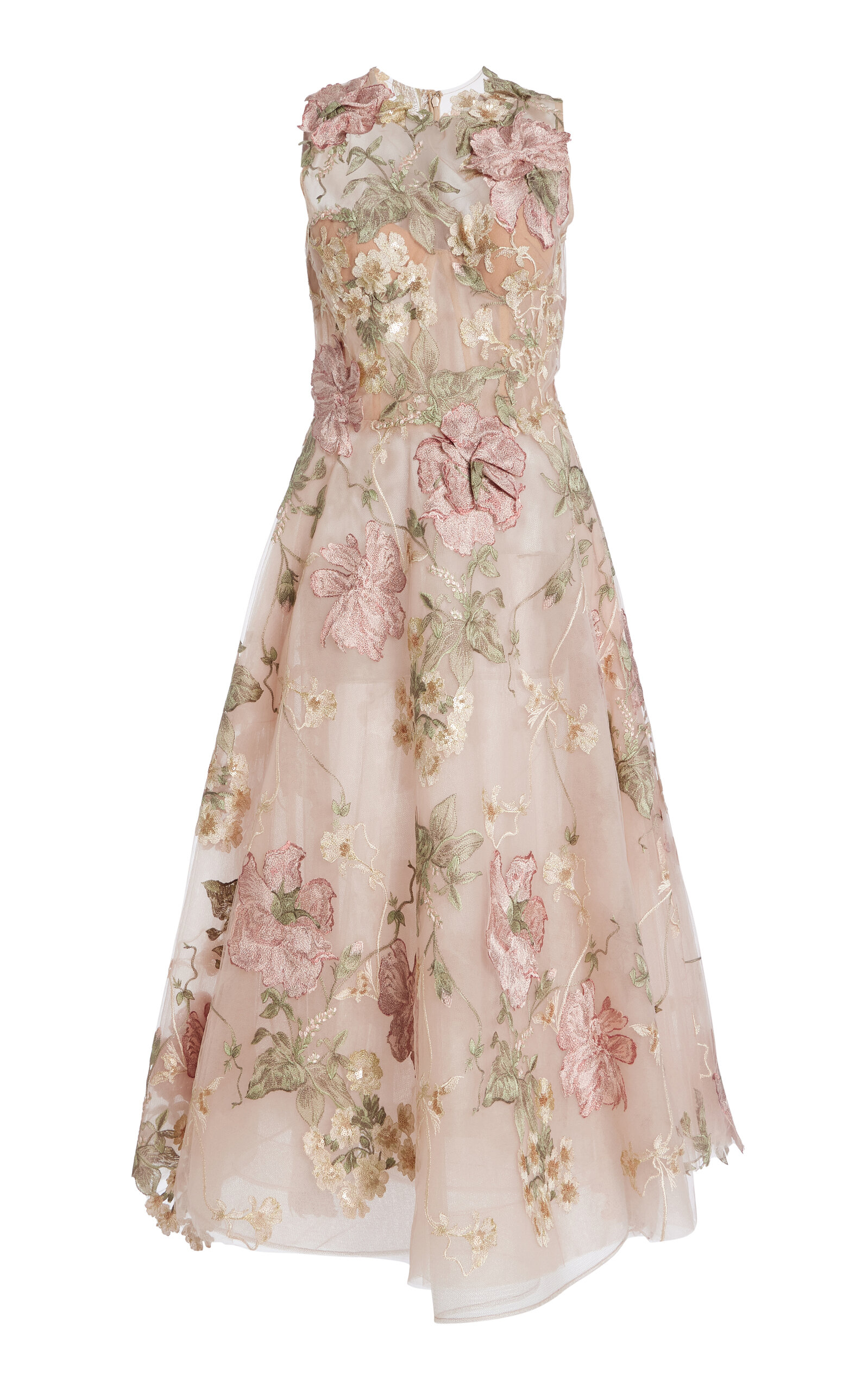 Sequined Floral-Embroidered Organza Tea-Length Dress