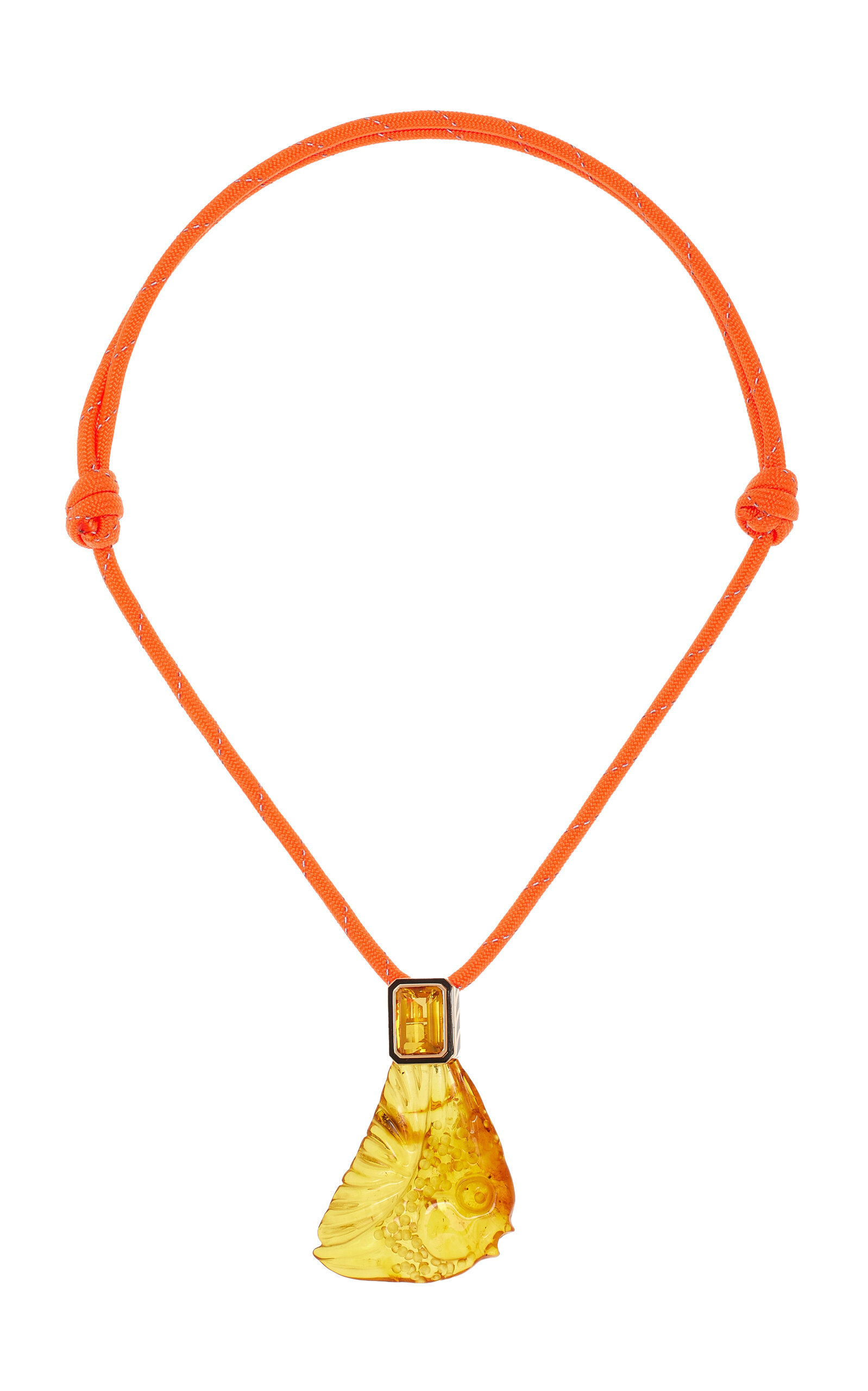 Shop Dezso By Sara Beltran Grande Carved Amber Fish Pendant With Citirine In Orange