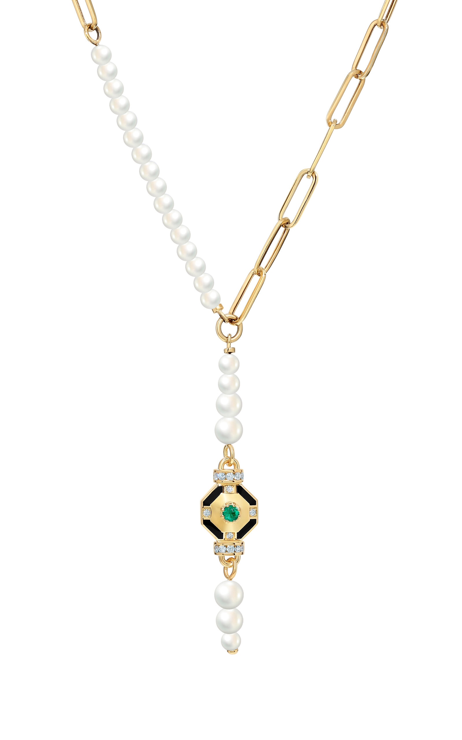 Genil Enchantress 18K Yellow Gold Pearl; Emerald Necklace